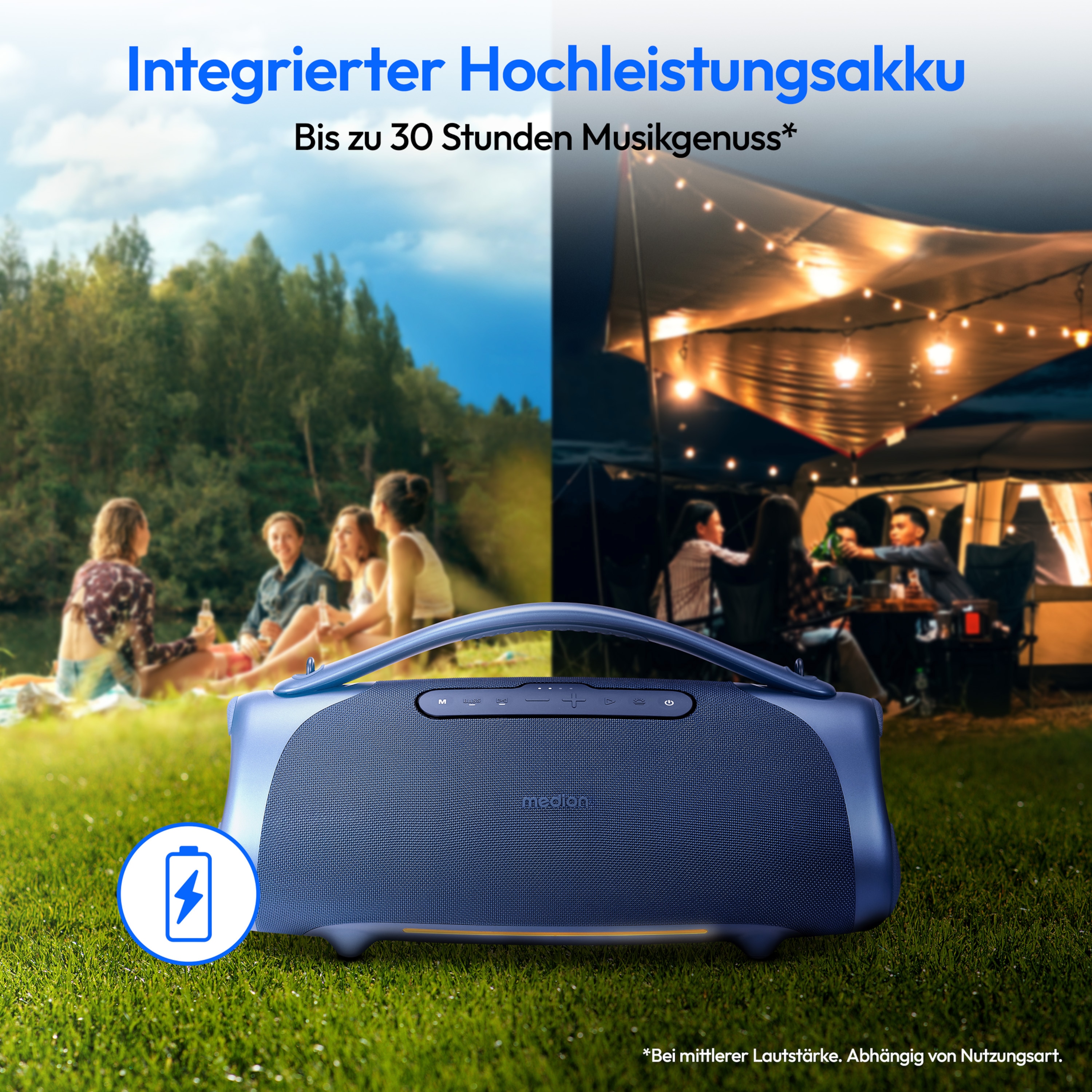 MEDION® LIFE® P61768 Tragbarer Bluetooth® Lautsprecher XL, Dual Illuminated & Lightstrip (RGB-Lichteffekte), Bluetooth® 5.3, integrierter Akku mit bis zu 30 Stunden Laufzeit, robustes & mobiles Design, 2 x 25 W + 50 W RMS