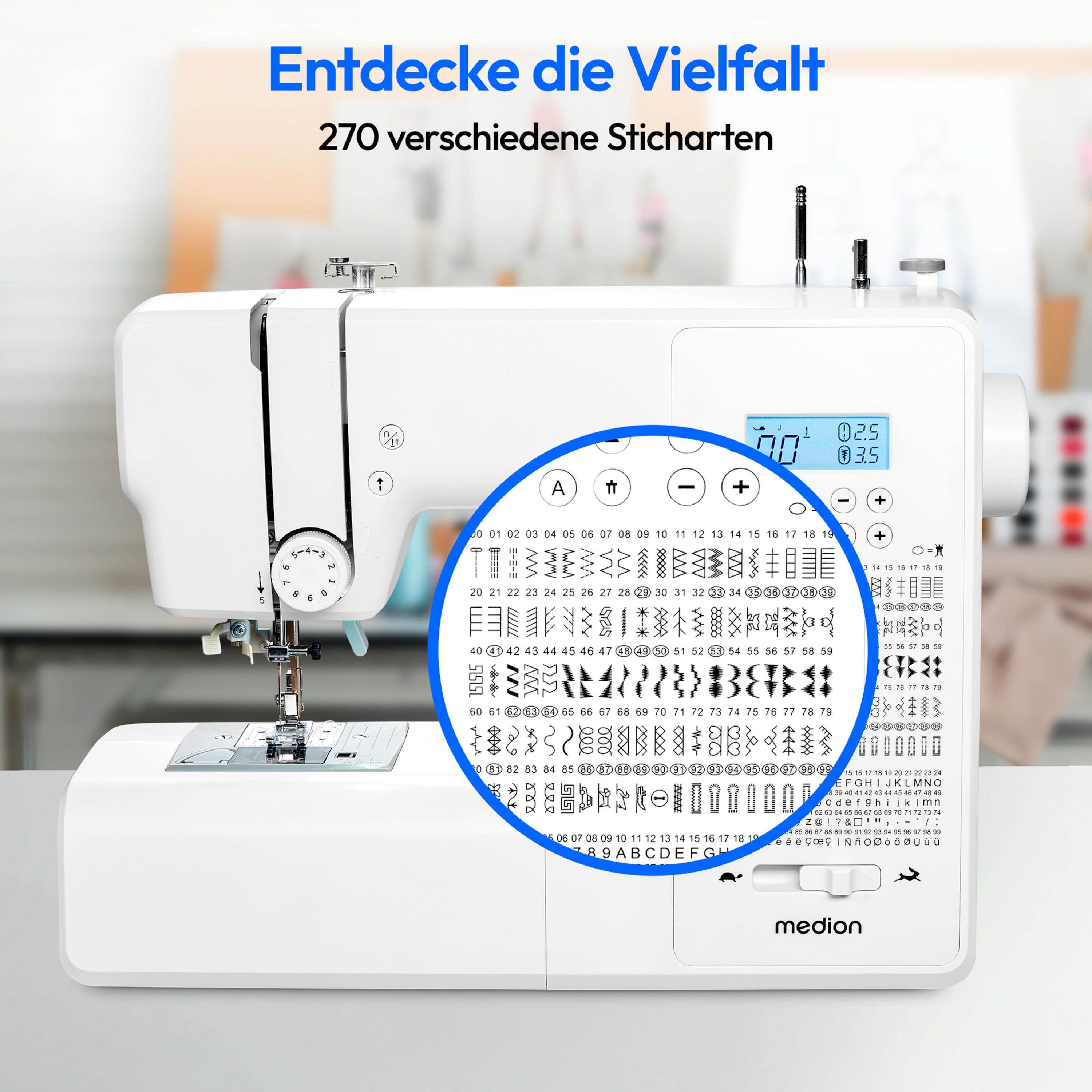 MEDION® LIFE® Digitale Nähmaschine SD36 (MD11881), einstellbare Stichlänge und Stichbreite, 270 Stichmuster, Integriertes Zubehörfach, 36 Watt Motorleistung