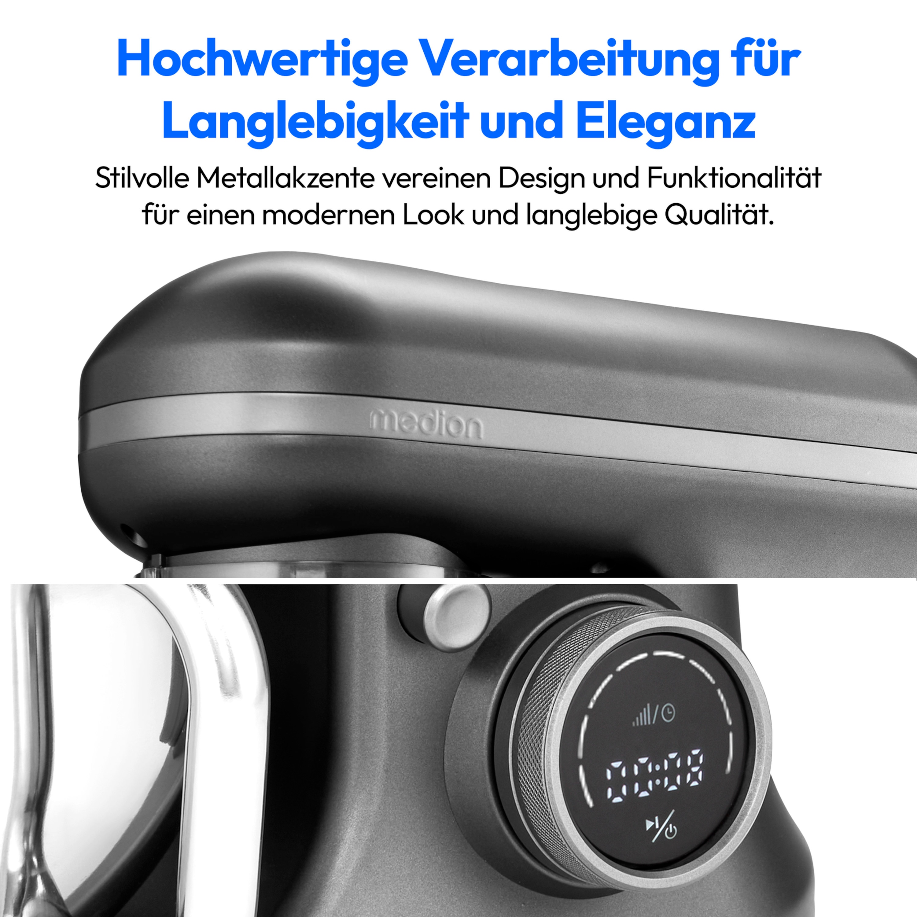 MEDION® LIFE® Digitale Küchenmaschine MD18420, 1.200 W, 8 Geschwindigkeitsstufen, Digitales Sensor-Touch-Display, inkl. Eisschüssel