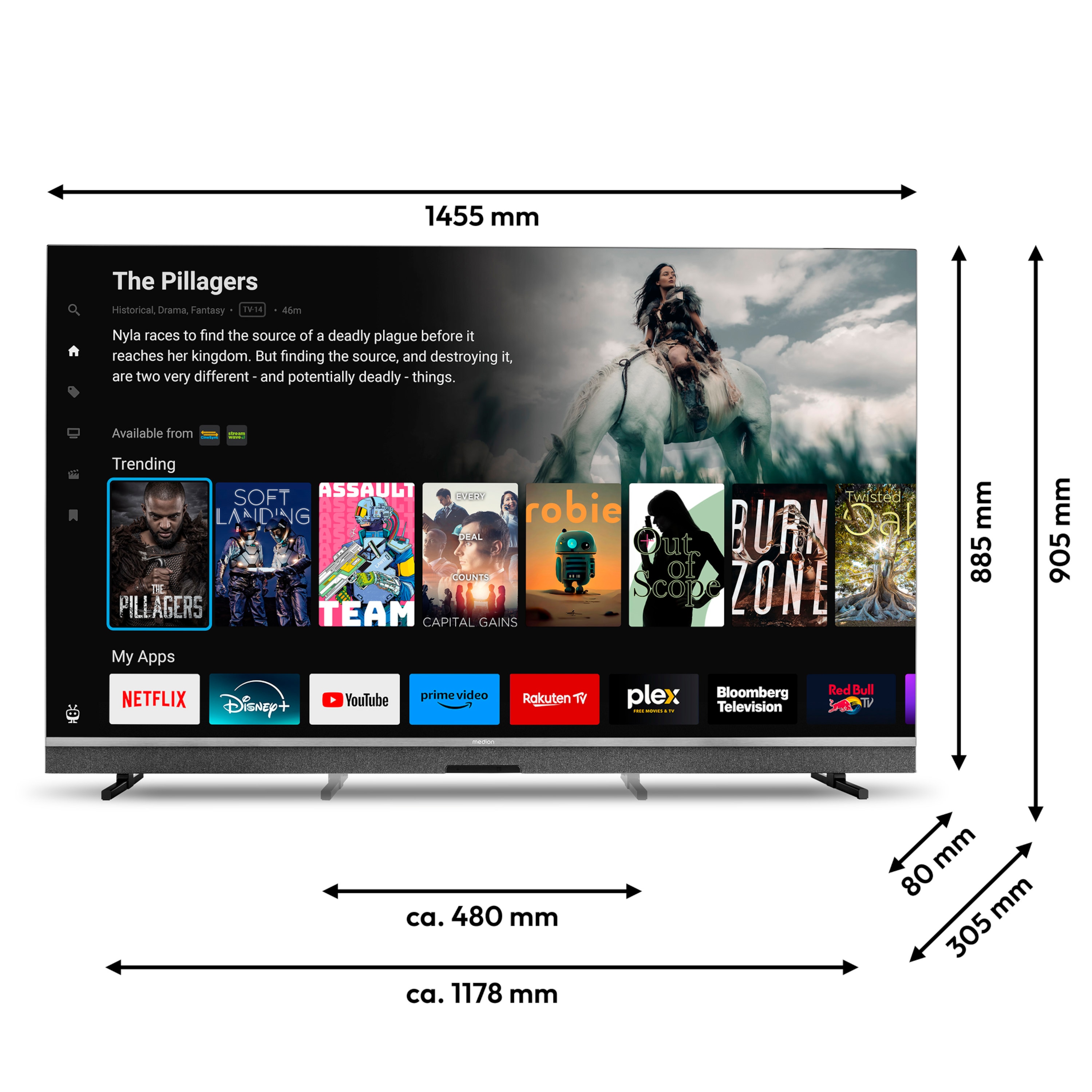 MEDION® LIFE X8652507 (MD 865900) MiniLED TiVo Smart-TV, 163,9 cm (65'') Ultra HD Display, HDR, Dolby Vision®, MEMC, Micro Dimming, PVR ready, TiVo Medienportal, NETFLIX, Amazon Prime Video, Disney+ App, Bluetooth®