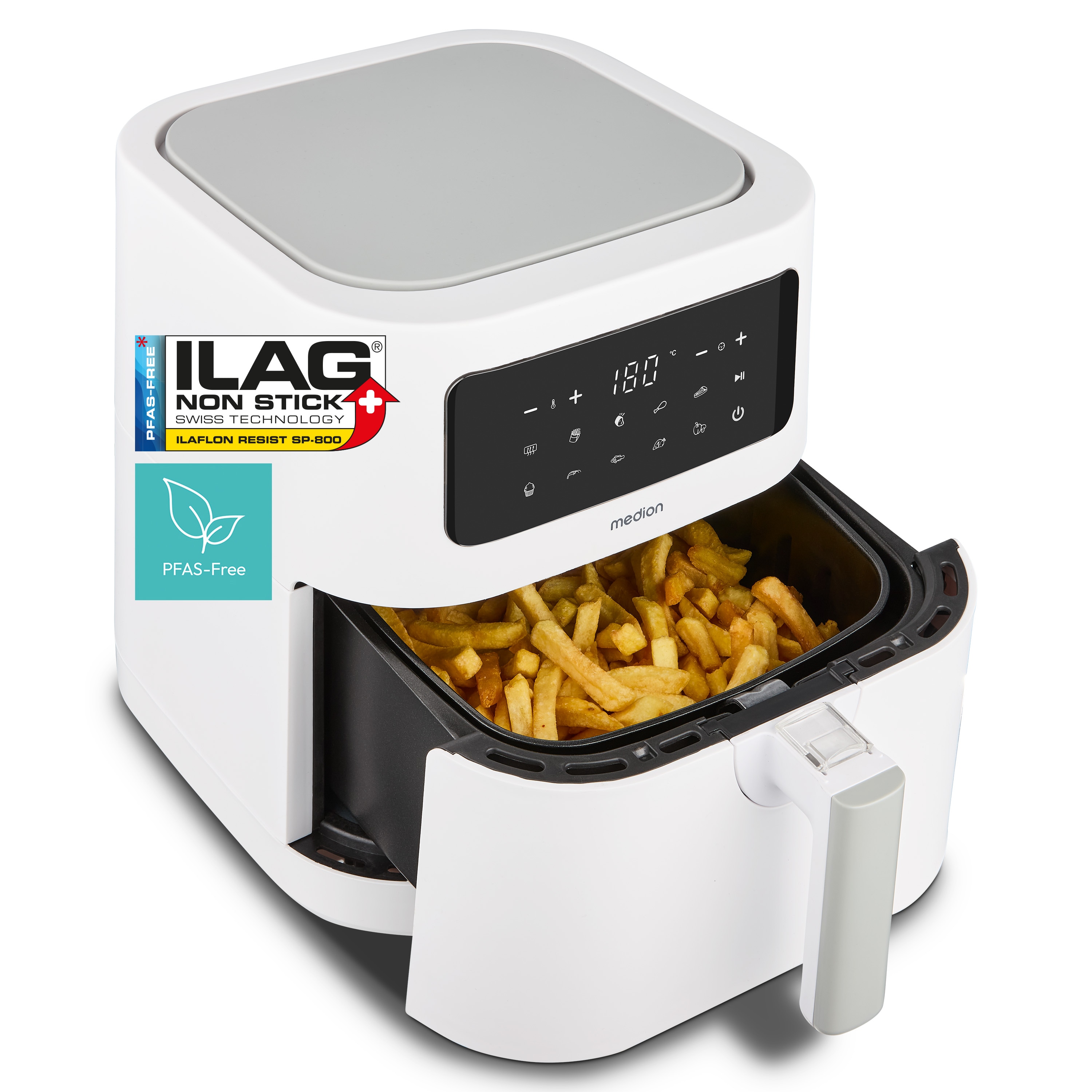 MEDION® LIFE® P10 XL Duo Heißluftfritteuse MD 11750 matt weiß, 100 Rezepte in der Life+ App, mit 2 Heizelementen, 2.150 W Gesamtleistung, ölfreies Frittieren, 9 Automatikprogramme, 6,8 L Nutzinhalt