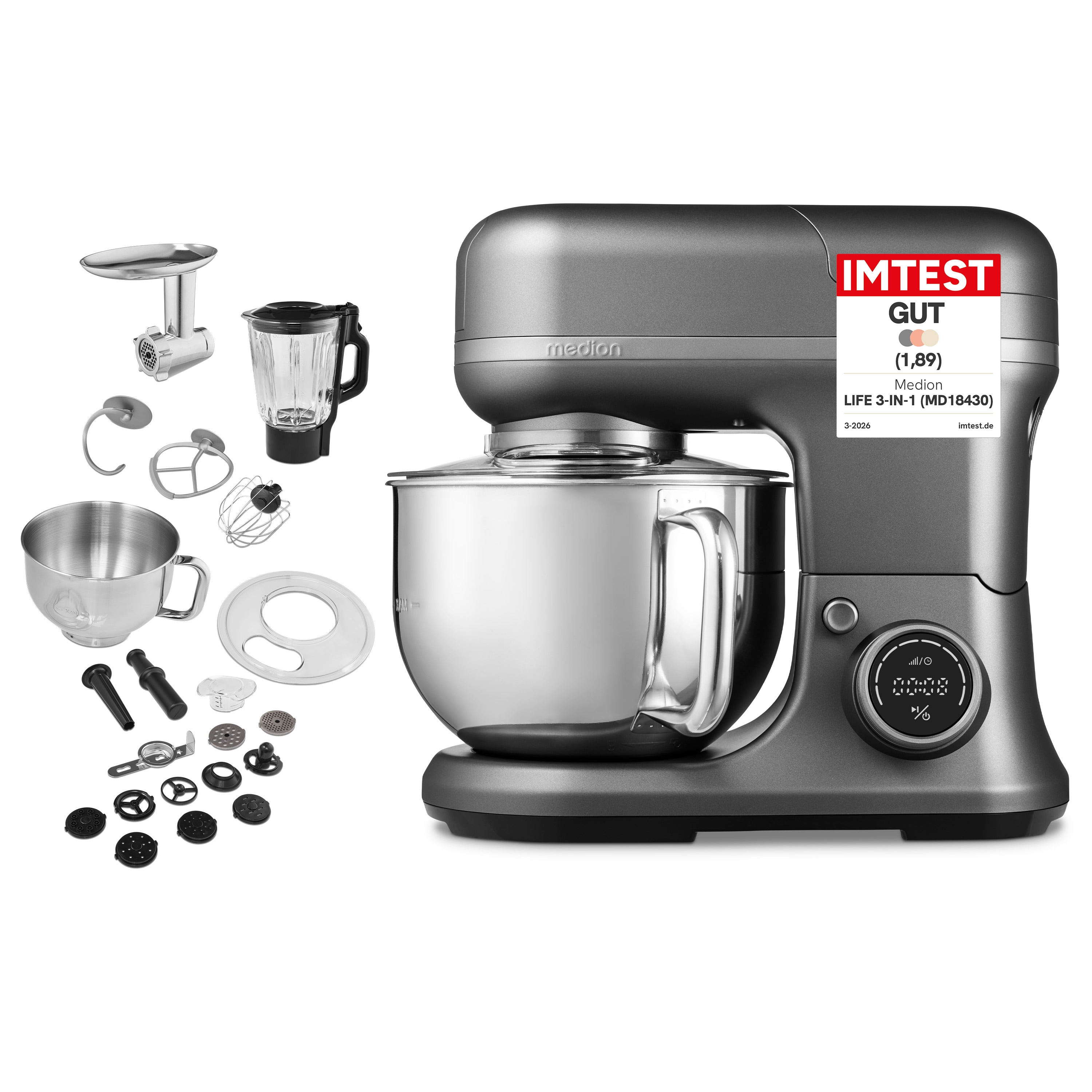 MEDION® LIFE 3-in-1 Digitale Küchenmaschine MD18430, 1.200 W, 8 Geschwindigkeitsstufen, Digitales Sensor-Touch-Display, umfangreiches Zubehör