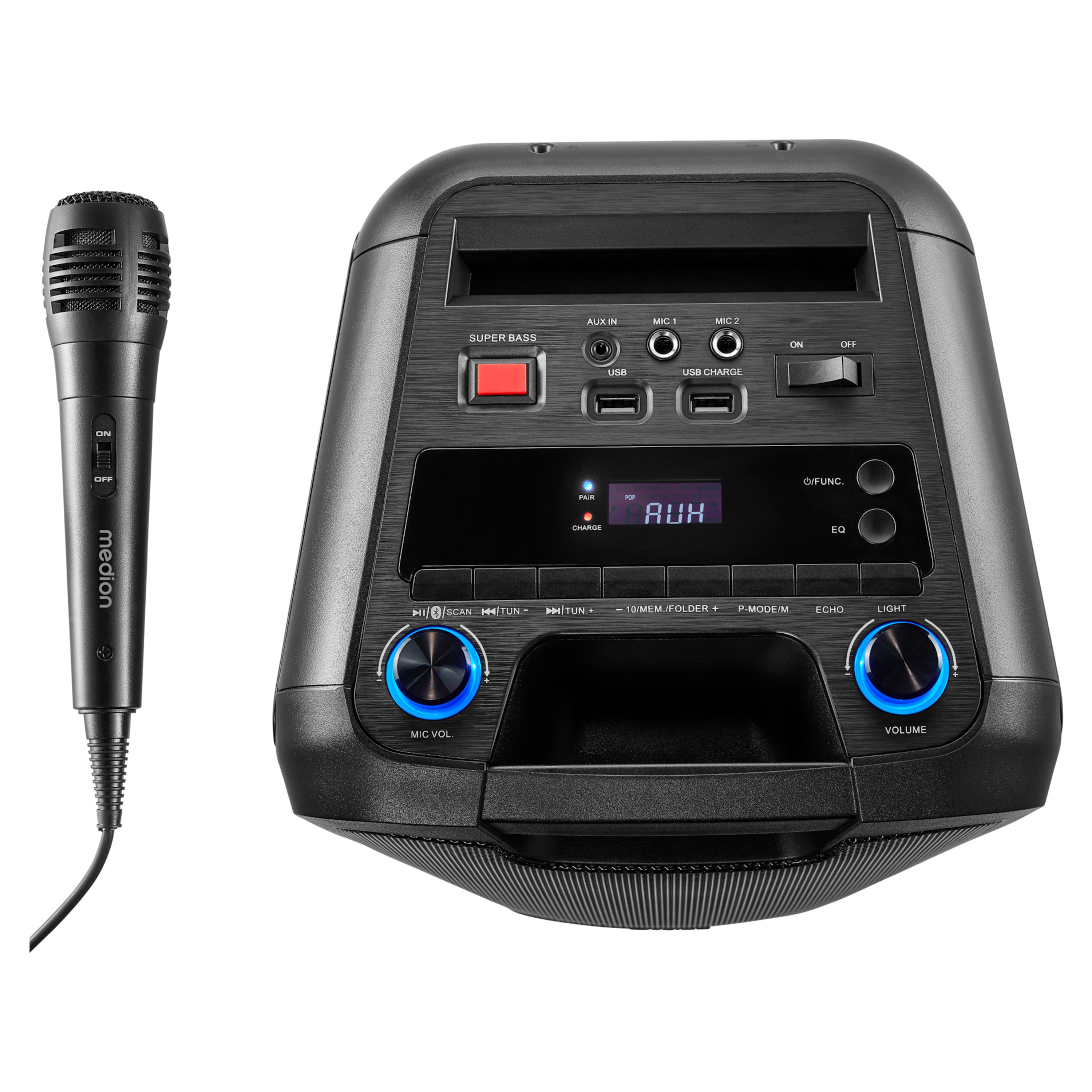 MEDION® LIFE® P61468 Partylautsprecher, PLL-UKW Radio, Bluetooth® 5.0, satter Sound, verschiedene Lichteffekte, X-Bass Bassanhebung, inkl. Mikrofon, 2 x 22 W RMS Ausgangsleistung