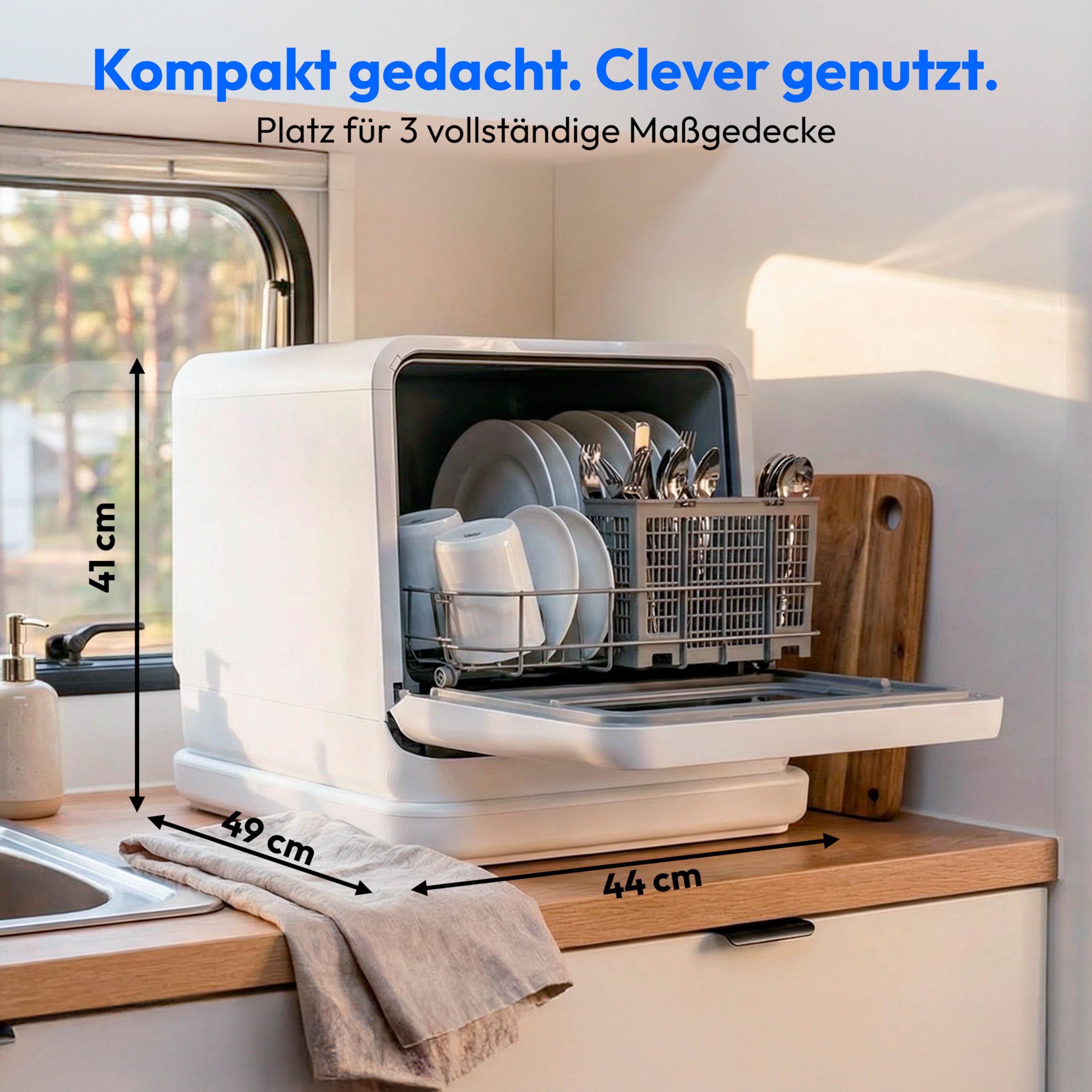 MEDION® LIFE Mini-Geschirrspüler DWT30 (MD370022), 3 Maßgedecke, 3-in-1 Betrieb mit Wassertank, 6 Programme, UV-Licht, Lüfter-Trocknung, LED-Touch-Display