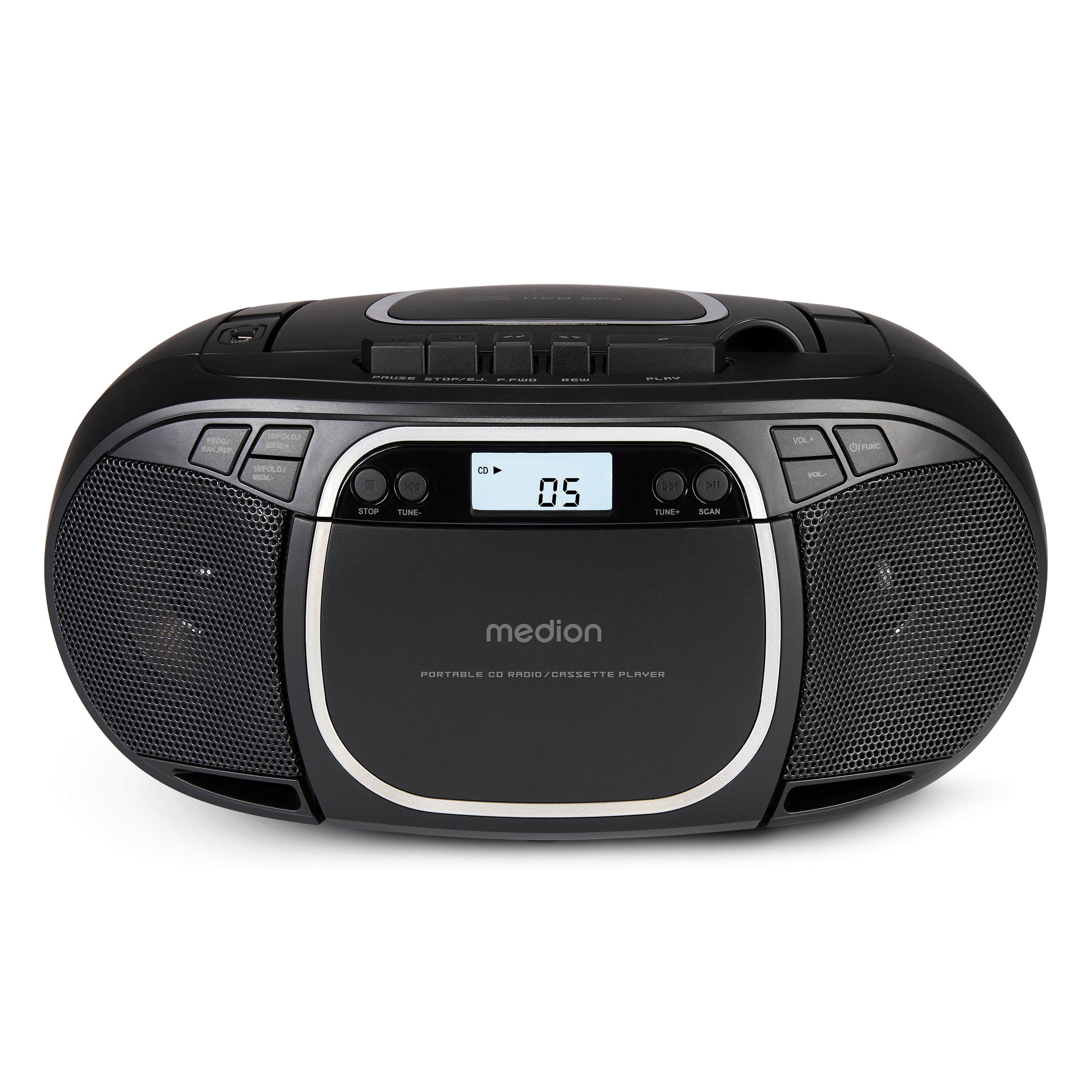 MEDION® LIFE E66476 Tragbare CD-Boombox, CD-Player, Kassettendeck, FM-Radio, USB-MP3-Wiedergabe, 30 Senderspeicher, Batteriebetrieb