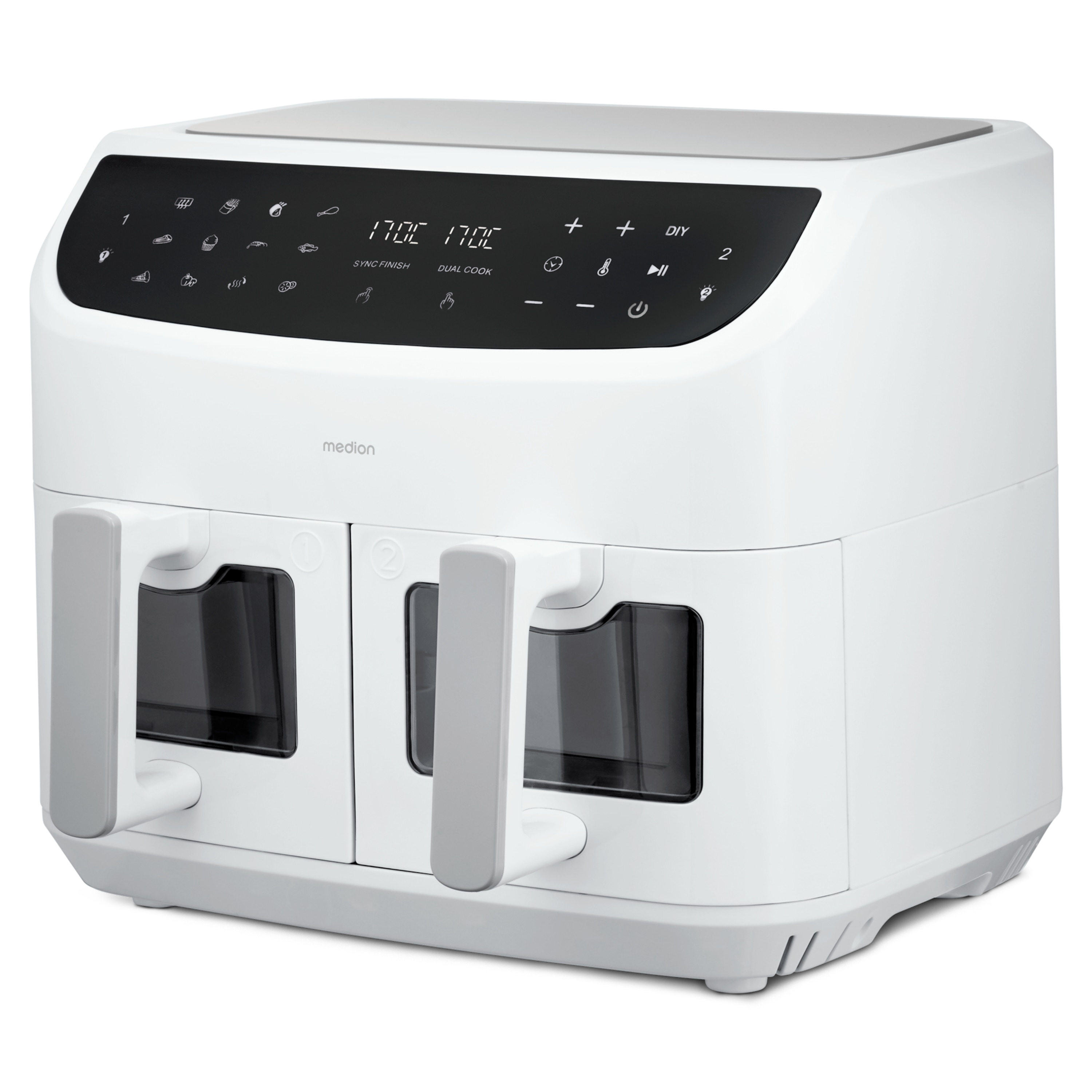 MEDION® LIFE® P20 XXL Twin Doppelzonen-Heißluftfritteuse MD 11760, 100 Rezepte in der Life+ App, 2 separate Garzonen, 9 Automatikprogramme, 8,7 L Gesamt-Nutzinhalt, 2.600 Watt, Temperatur einstellbar bis 200 °C