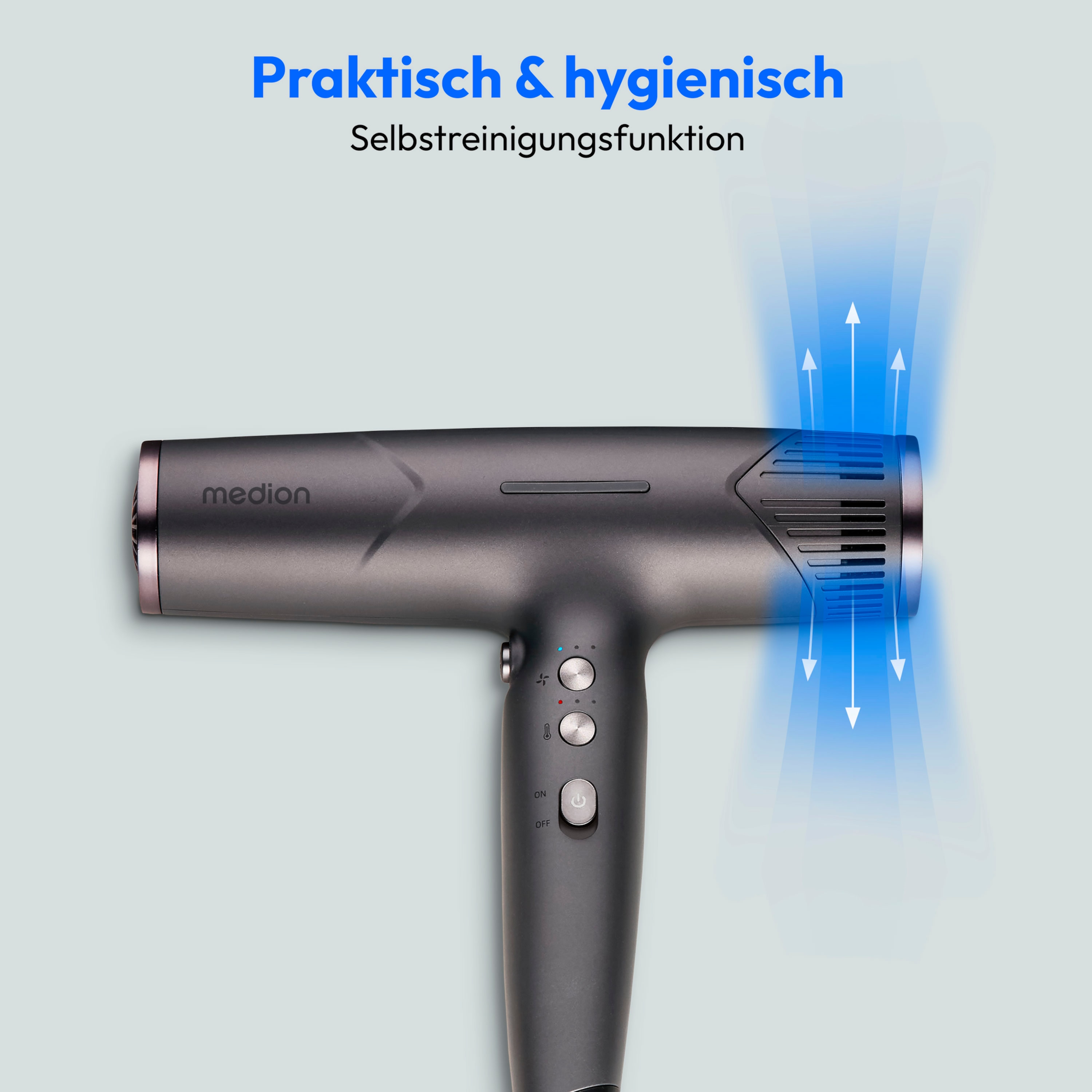 MEDION® LIFE HD2 Haartrockner mit Ionen-Technologie, 1.500 Watt, Selbstreinigungsfunktion, Vielseitige Aufsätze: Stylingdüsen und Diffusor, 3 Temperatur- und 3 Luftstromstufen