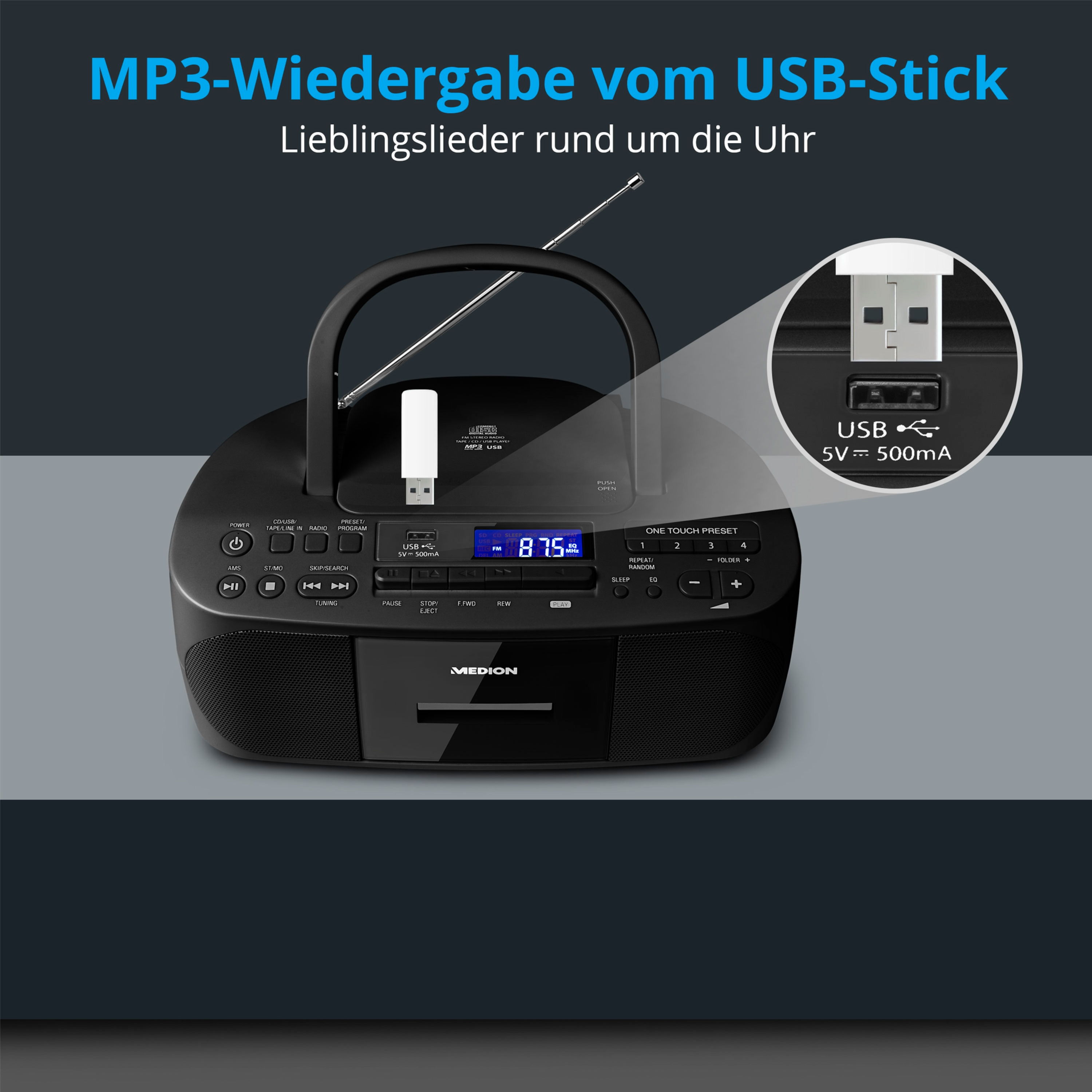MEDION® LIFE® E64070, CD-Kassetten-Radio mit MP3-Wiedergabe, PLL-UKW Radio, USB Anschluss, CD-R/RW kompatibel, AUX, 2 x 30 W max. Musikausgangsleistung