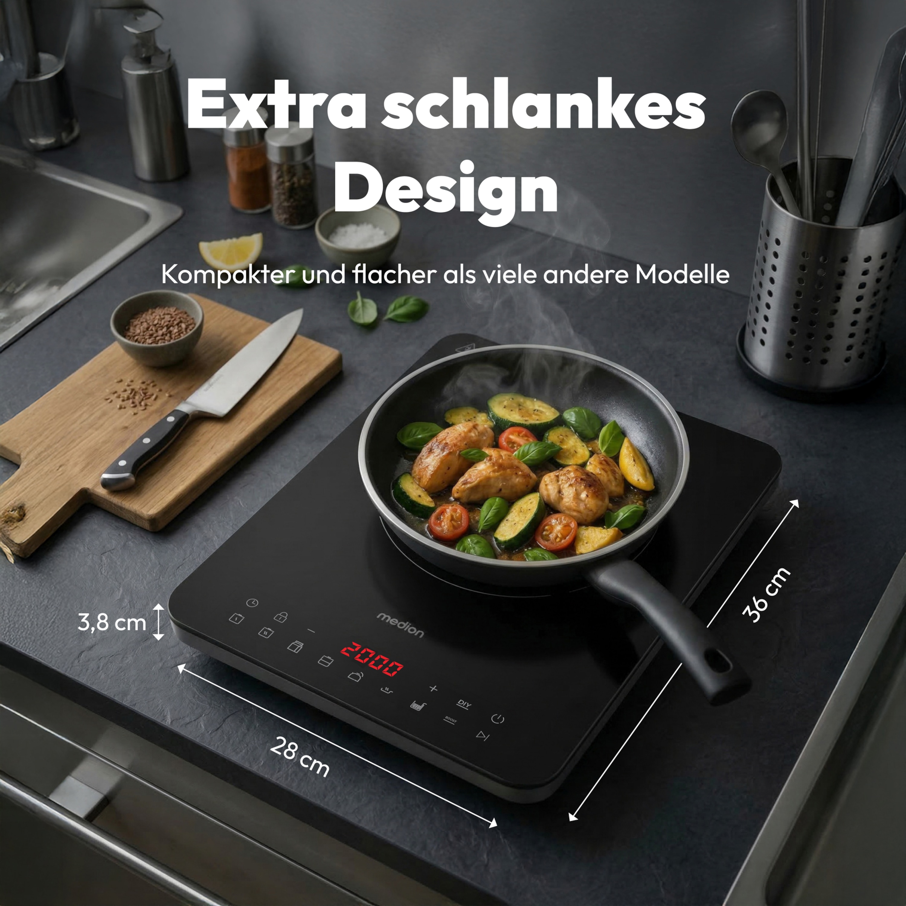 MEDION® Induktionskochplatte MD 100090, extra flach, 2100 Watt Induktionsleistung, 8 Automatikprogramme, LED Display, automatische Topferkennung
