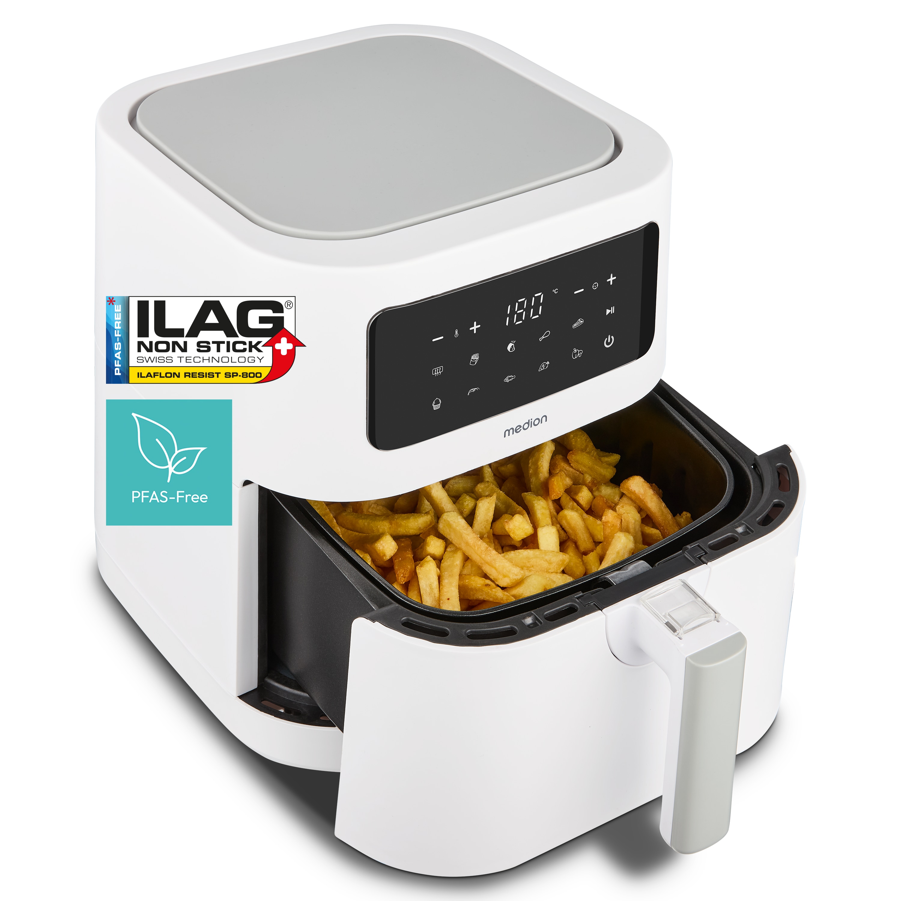 MEDION® LIFE® E40 XL Heißluftfritteuse MD11740 matt weiß, 100 Rezepte in der Life+ App, ölfreies Frittieren, 9 Automatikprogramme, 5,2 L Korbvolumen