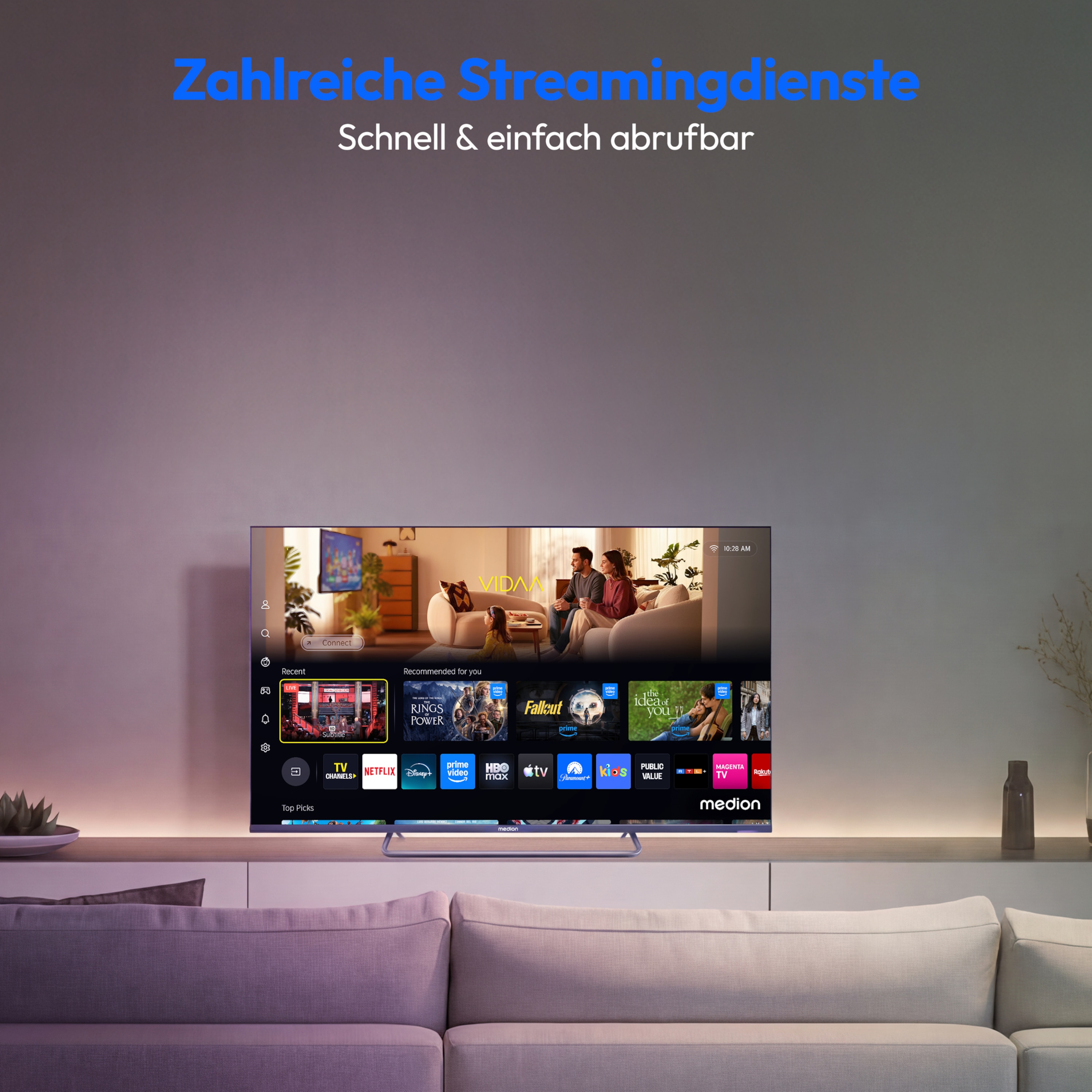 MEDION® LIFE MD 843602 QLED Smart-TV - Modell 2026, 108 cm (43'') Ultra HD Display, HDR, Dolby Vision®, MEMC, Bluetooth®, PVR ready, HBO Max, MagentaTV, NETFLIX, Prime Video, Disney+, DAZN, Paramount+ App, VIDAA App Store, Dolby Atmos®