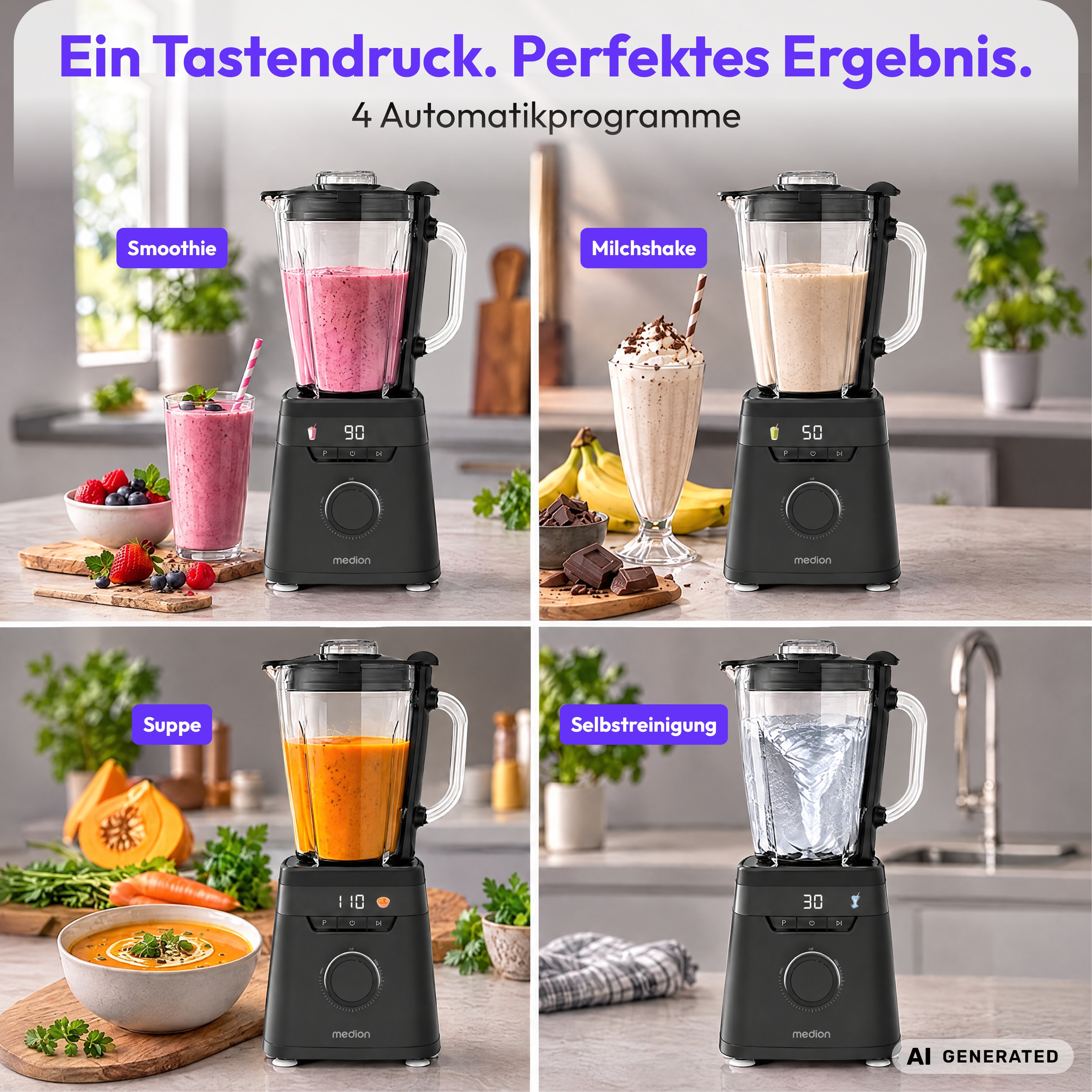 MEDION® LIFE® Standmixer MD 100105, 900 Watt (neue GS Norm), 1,75 Liter Glasbehälter, 4 Automatikprogramme, LED-Display, stufenlose Geschwindigkeitsregelung, To-go-Flasche