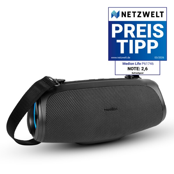 MEDION® LIFE P61746 Tragbarer Bluetooth® Lautsprecher M anthrazit, Dual Illuminated (RGB-Lichteffekte), Bluetooth® 5.3, integrierter Akku mit bis zu 45 Stunden Laufzeit, robustes & mobiles Design, 2 x 15 W RMS