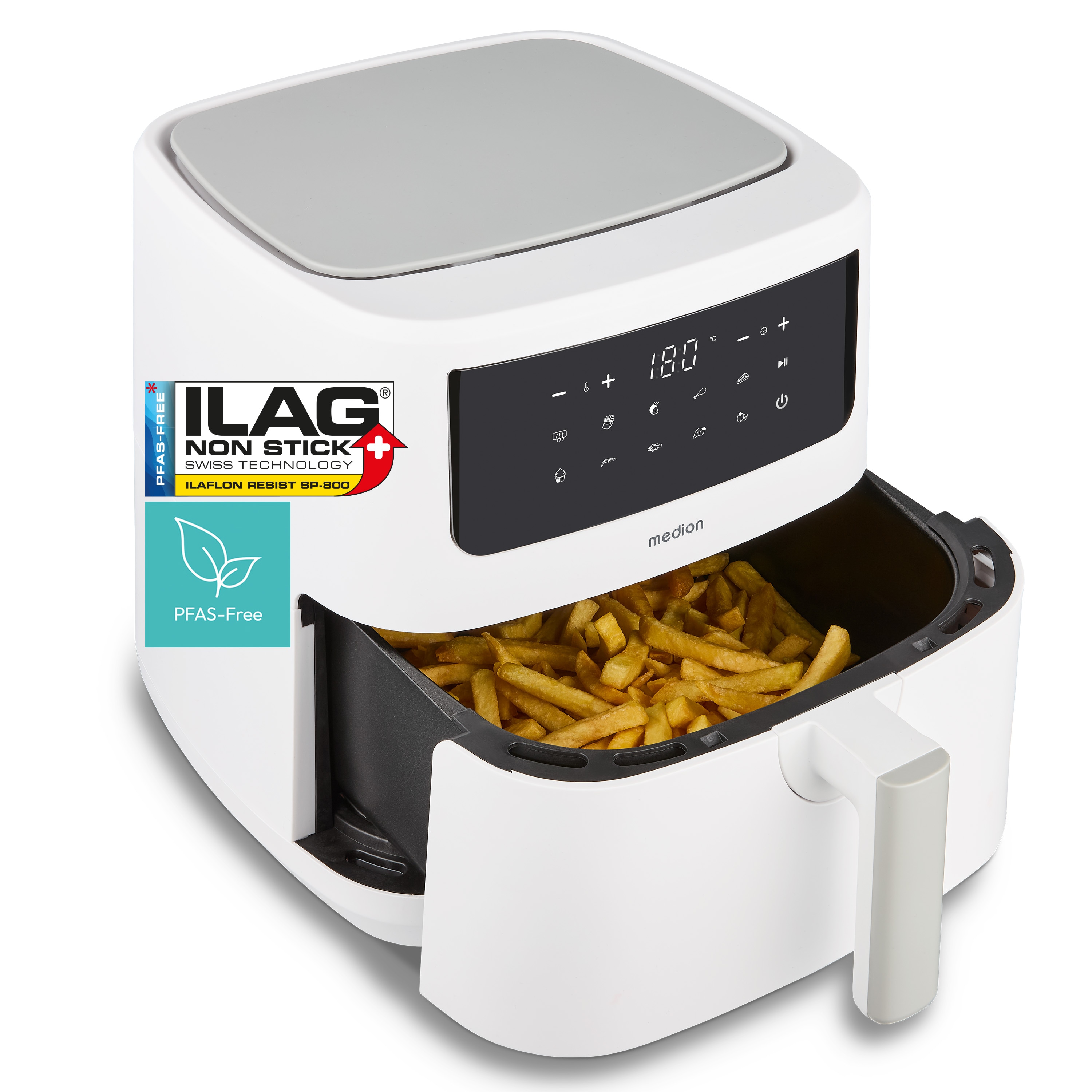 MEDION® LIFE P10 XL Duo Heißluftfritteuse MD 11750 matt weiß, 100 Rezepte in der Life+ App, mit 2 Heizelementen, 2.150 W Gesamtleistung, ölfreies Frittieren, 9 Automatikprogramme, 6,8 L Nutzinhalt