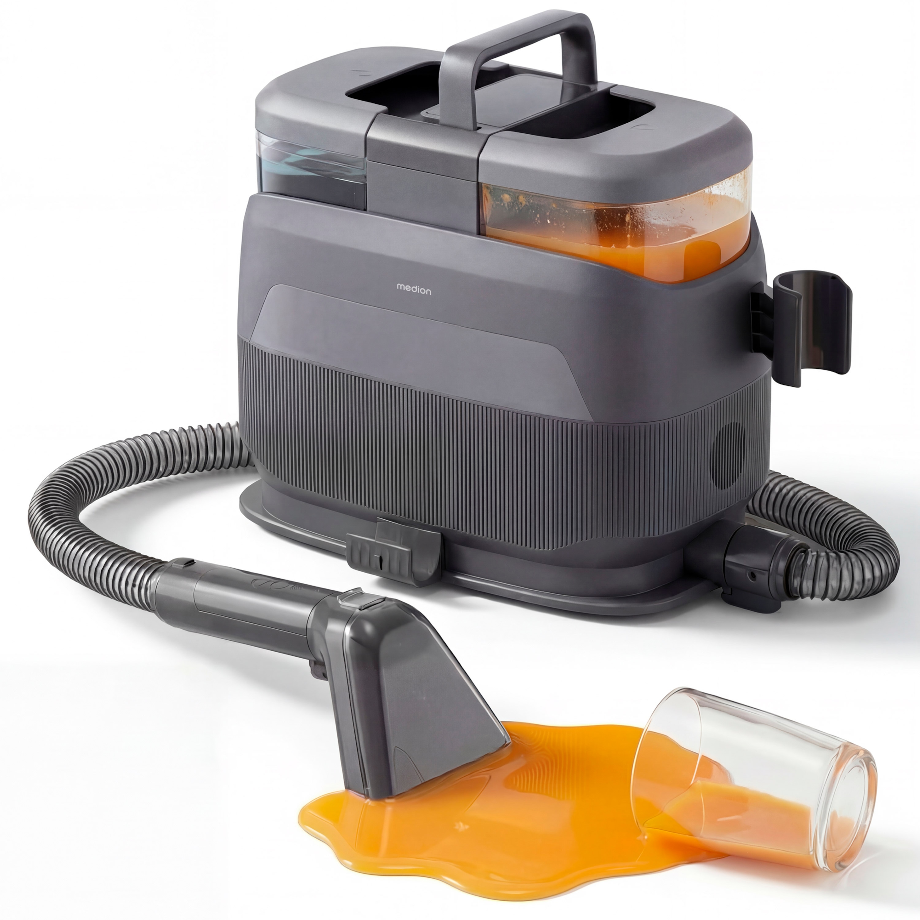 MEDION® X10 UC Polster- und Teppichreiniger (MD100123), 3 Reinigungsmodi, 12 kPa Saugkraft, 1250 ml Frischwassertank, 950 ml Schmutzwassertank, IPX4, mit Tragegriff und Rollen