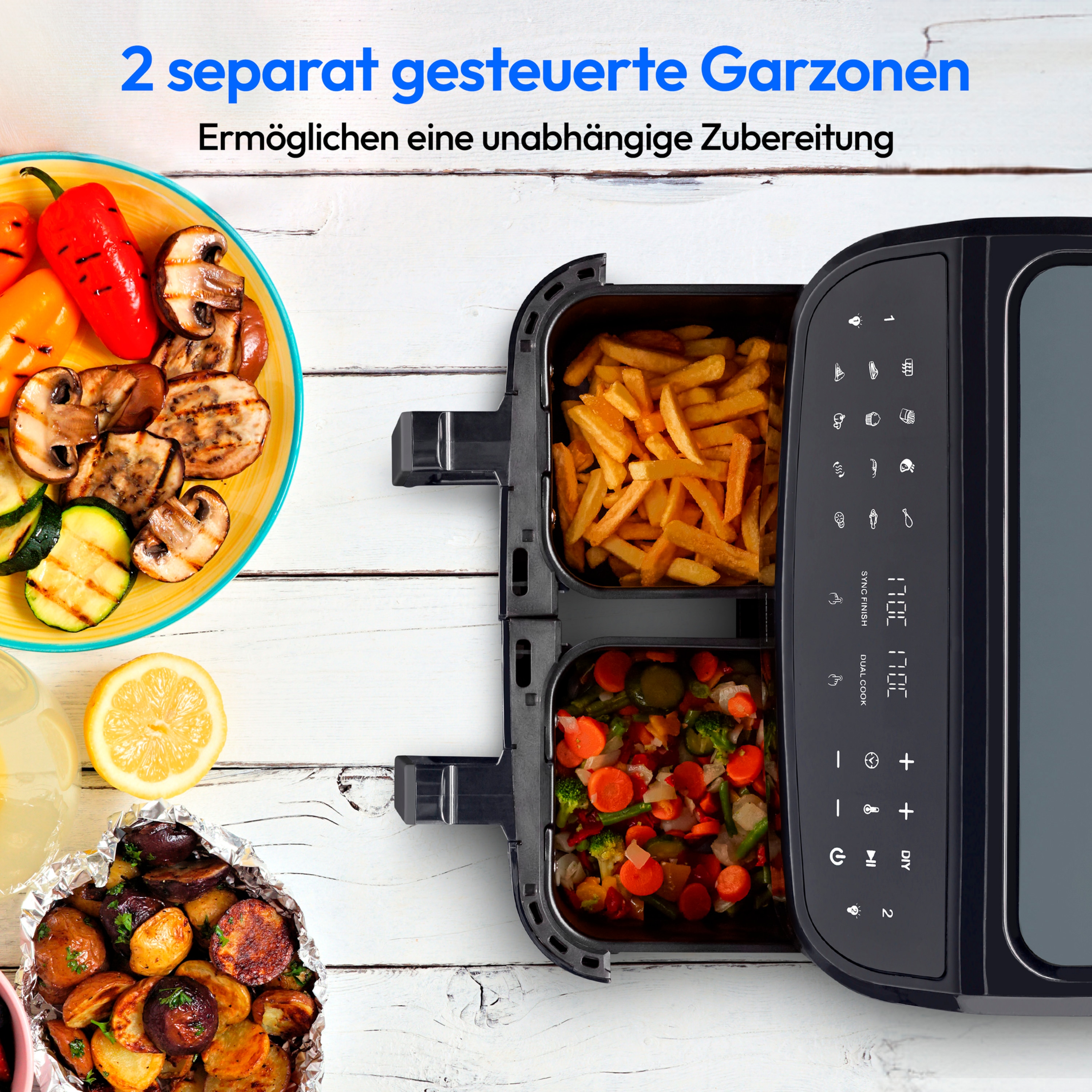 MEDION® LIFE® P20 XXL Twin Doppelzonen-Heißluftfritteuse MD 11760, 100 Rezepte in der Life+ App, 2 separate Garzonen, 9 Automatikprogramme, 8,7 L Gesamt-Nutzinhalt, 2.600 Watt, Temperatur einstellbar bis 200 °C