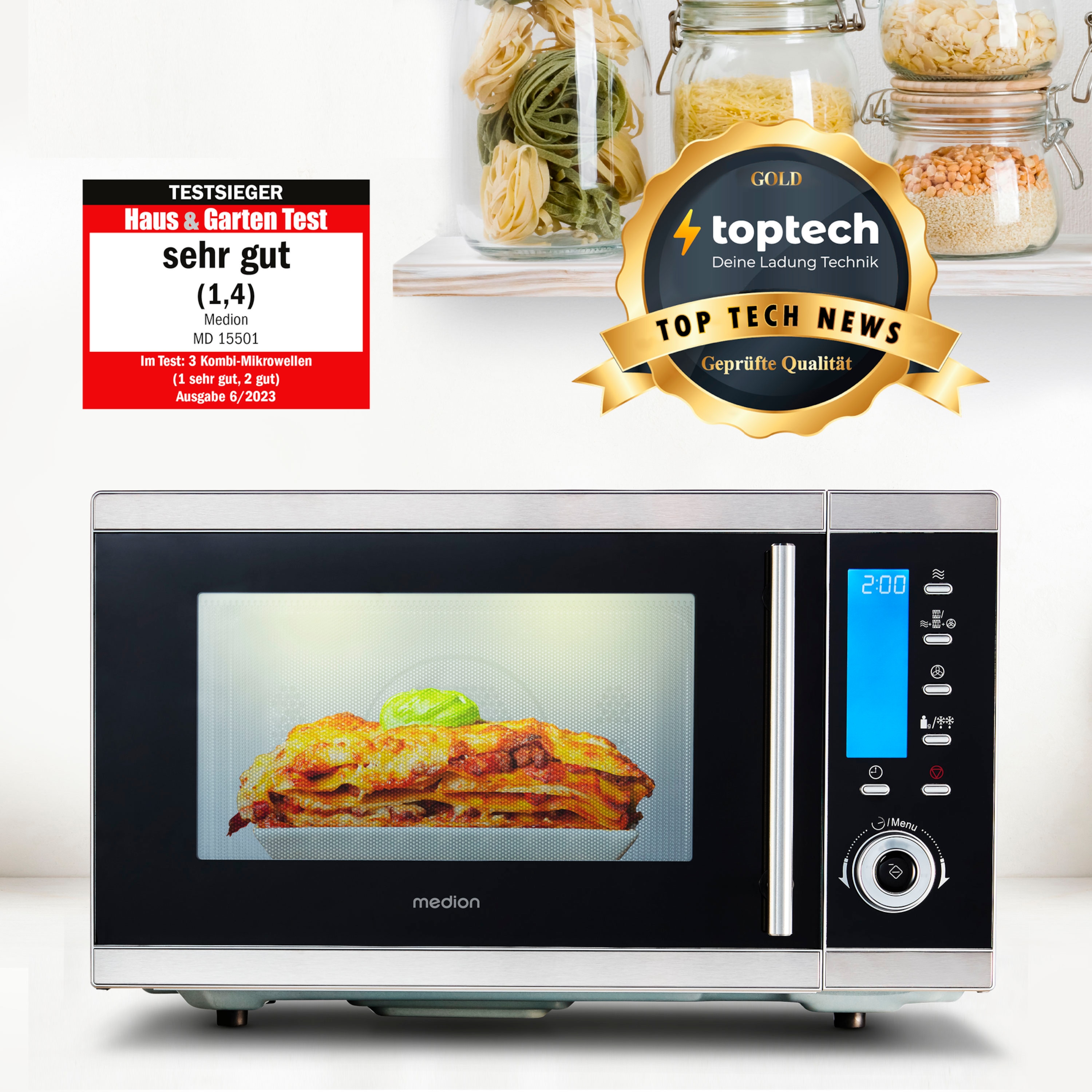 MEDION® LIFE® 4in1 Mikrowelle MD 15501, Kombination aus Mikrowelle, Ofen und Doppelgrill, 10 Automatikprogramme, 25 L Garinnenraum