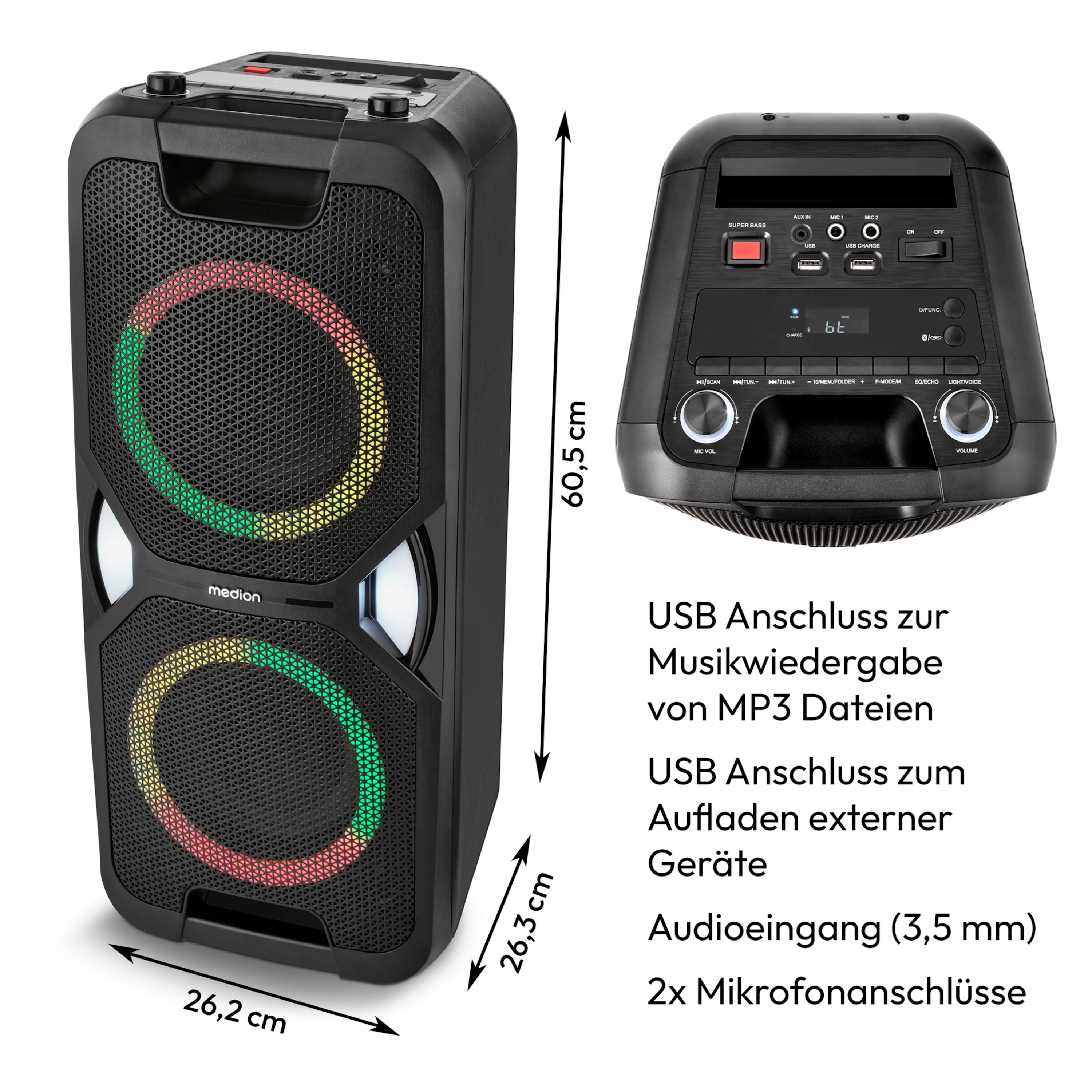 MEDION® LIFE® PE-1 Pure Partylautsprecher, PLL-UKW Radio, Bluetooth® 5.4, satter Sound, verschiedene Lichteffekte, X-Bass Bassanhebung, inkl. Mikrofon, 2 x 25 W RMS Ausgangsleistung