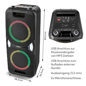 MEDION® LIFE PE-1 Pure Partylautsprecher, PLL-UKW Radio, Bluetooth® 5.4, satter Sound, verschiedene Lichteffekte, X-Bass Bassanhebung, inkl. Mikrofon, 2 x 25 W RMS Ausgangsleistung
