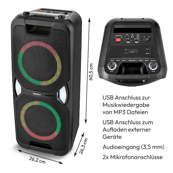 MEDION® LIFE PE-1 Pure Partylautsprecher, PLL-UKW Radio, Bluetooth® 5.4, satter Sound, verschiedene Lichteffekte, X-Bass Bassanhebung, inkl. Mikrofon, 2 x 25 W RMS Ausgangsleistung