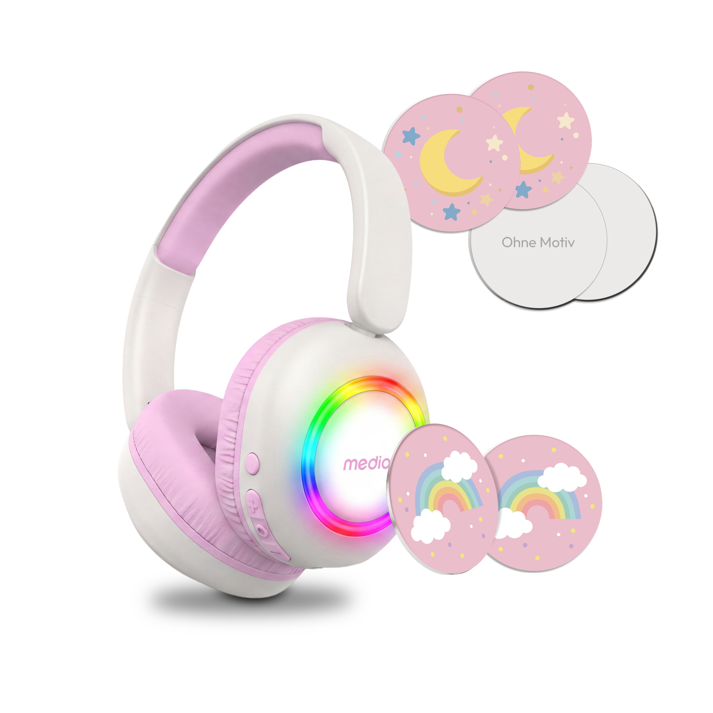 MEDION® LIFE HE-1 Kids Bluetooth Kinderkopfhörer, 3-stufiger Gehörschutz, bis zu 85 Std. Akkulaufzeit, MP3-Player, Bluetooth 5.4, AUX & microSD, LED-Lichtring, austauschbare Designs