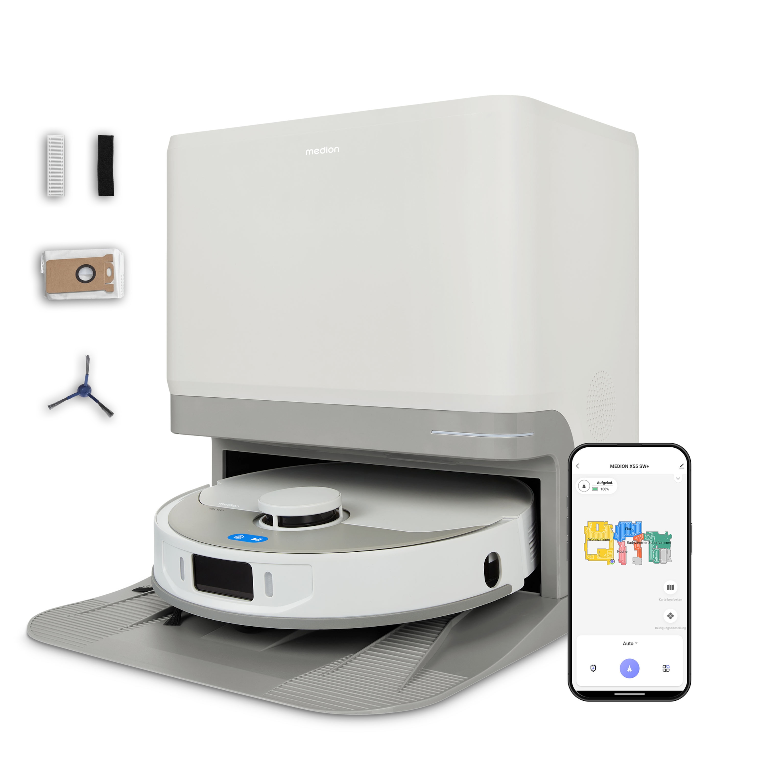 MEDION® Saugroboter mit 3-in-1 Absaugstation X55 SW+, Wischfunktion, rotierende und bewegliche Wischmopps, Lasernavigation, Hinderniserkennung durch Kreuzlinienlaser, starke 10.000 Pa Saugkraft, präzise Kartenerstellung