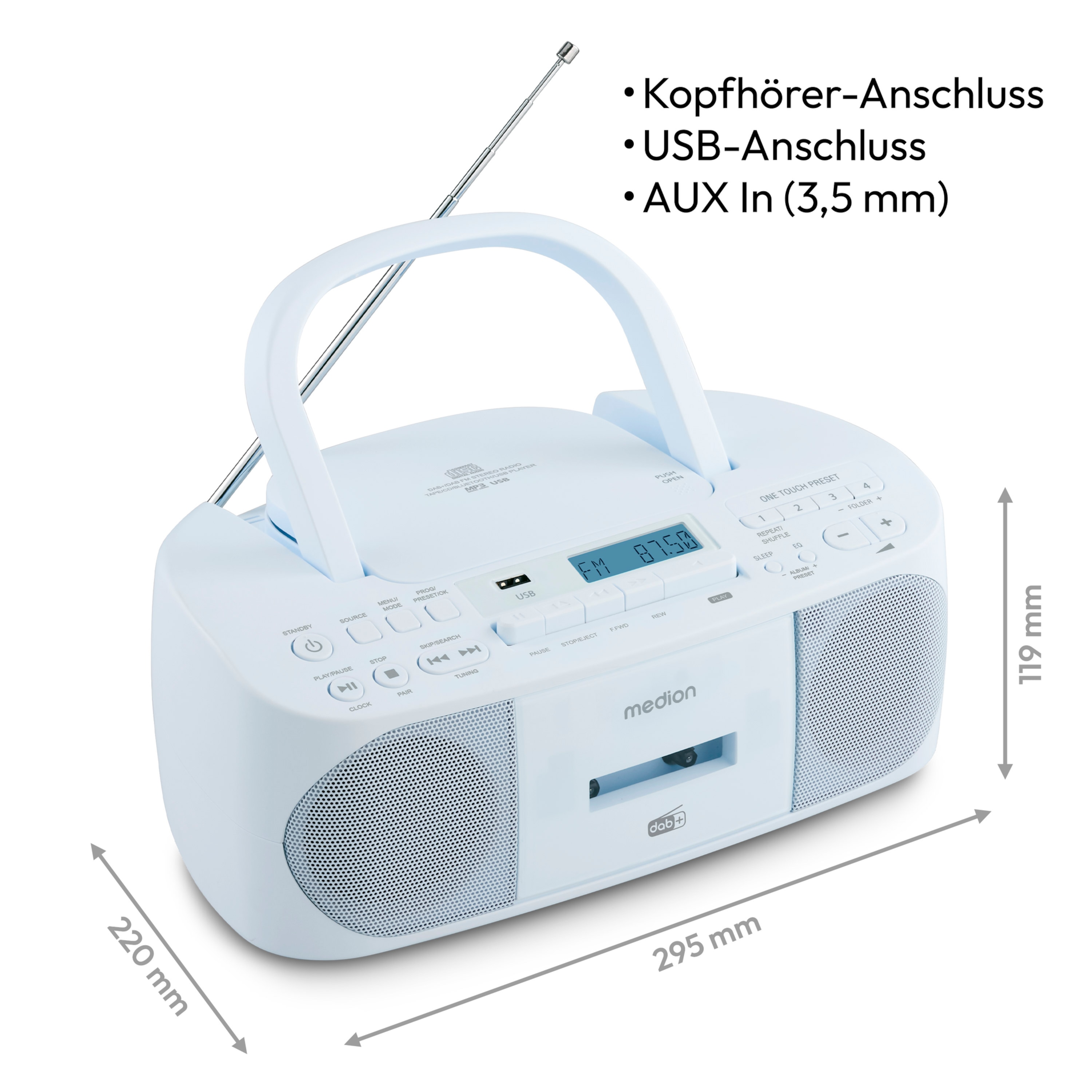 MEDION® LIFE® DRX-1 Plus Boombox, DAB+/PLL-UKW-Stereo Radio, Bluetooth® 5.4, CD-Kassetten-Radio mit MP3-Wiedergabe, USB Anschluss, CD-R/RW kompatibel, AUX-In, 2 x 3 W RMS