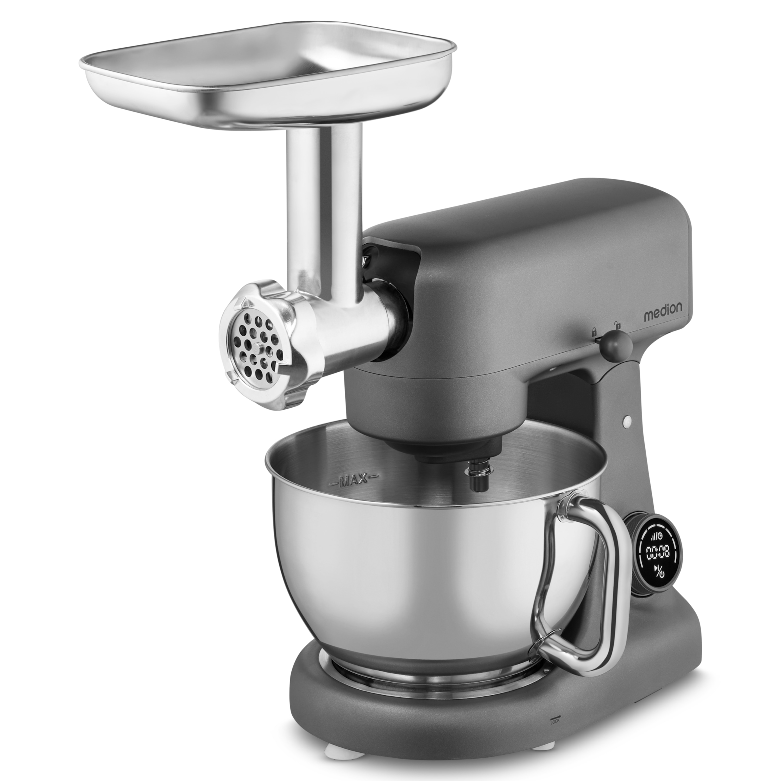 MEDION® LIFE Digitale Küchenmaschine MD12600, 800 W Gleichstrommotor, Energiesparend, Ultraleise, Digitales Sensor-Touch-Display, 4,6 L Edelstahlschüssel, Inkl. Fleischwolf