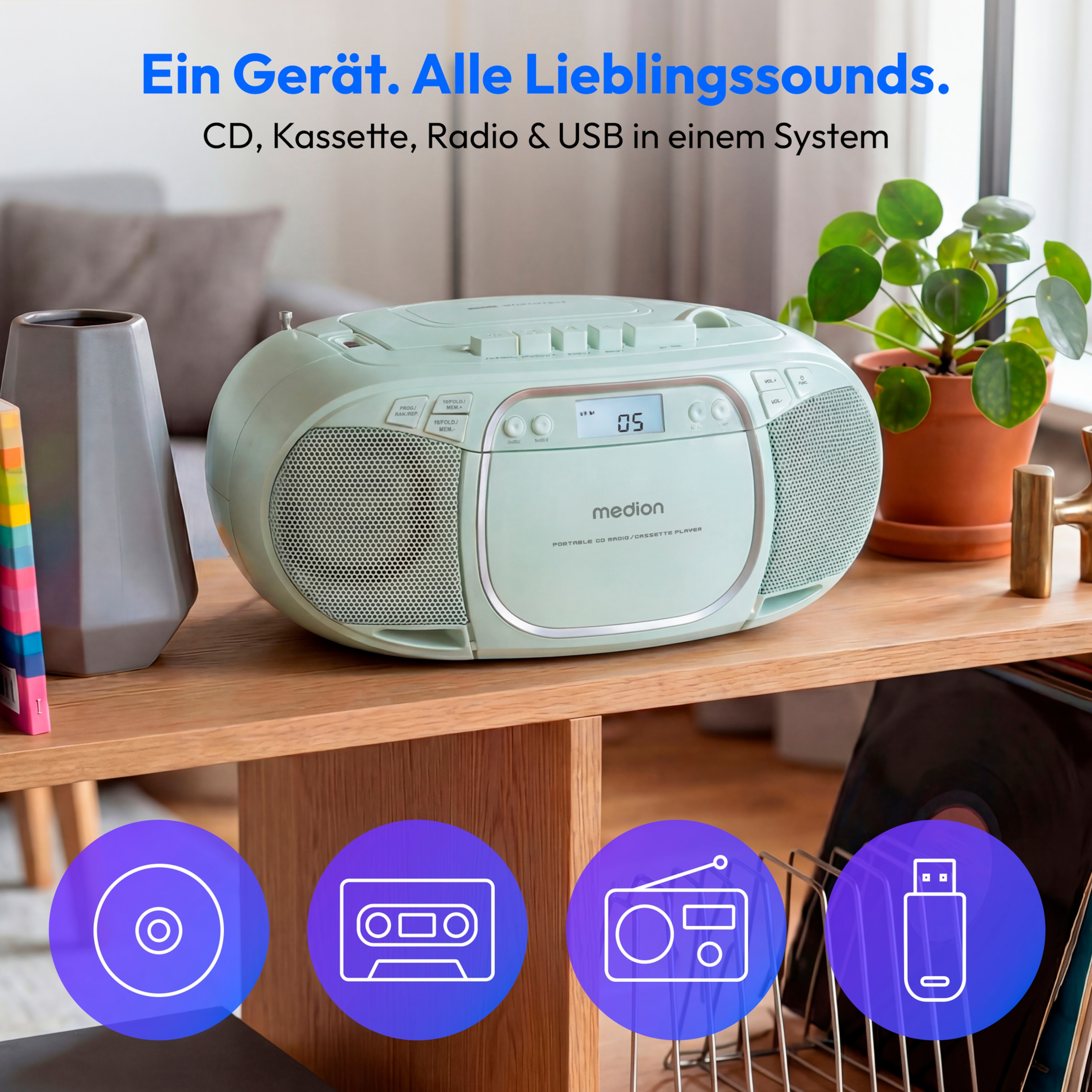 MEDION® LIFE E66476 Tragbare CD-Boombox, CD-Player, Kassettendeck, FM-Radio, USB-MP3-Wiedergabe, 30 Senderspeicher, Batteriebetrieb
