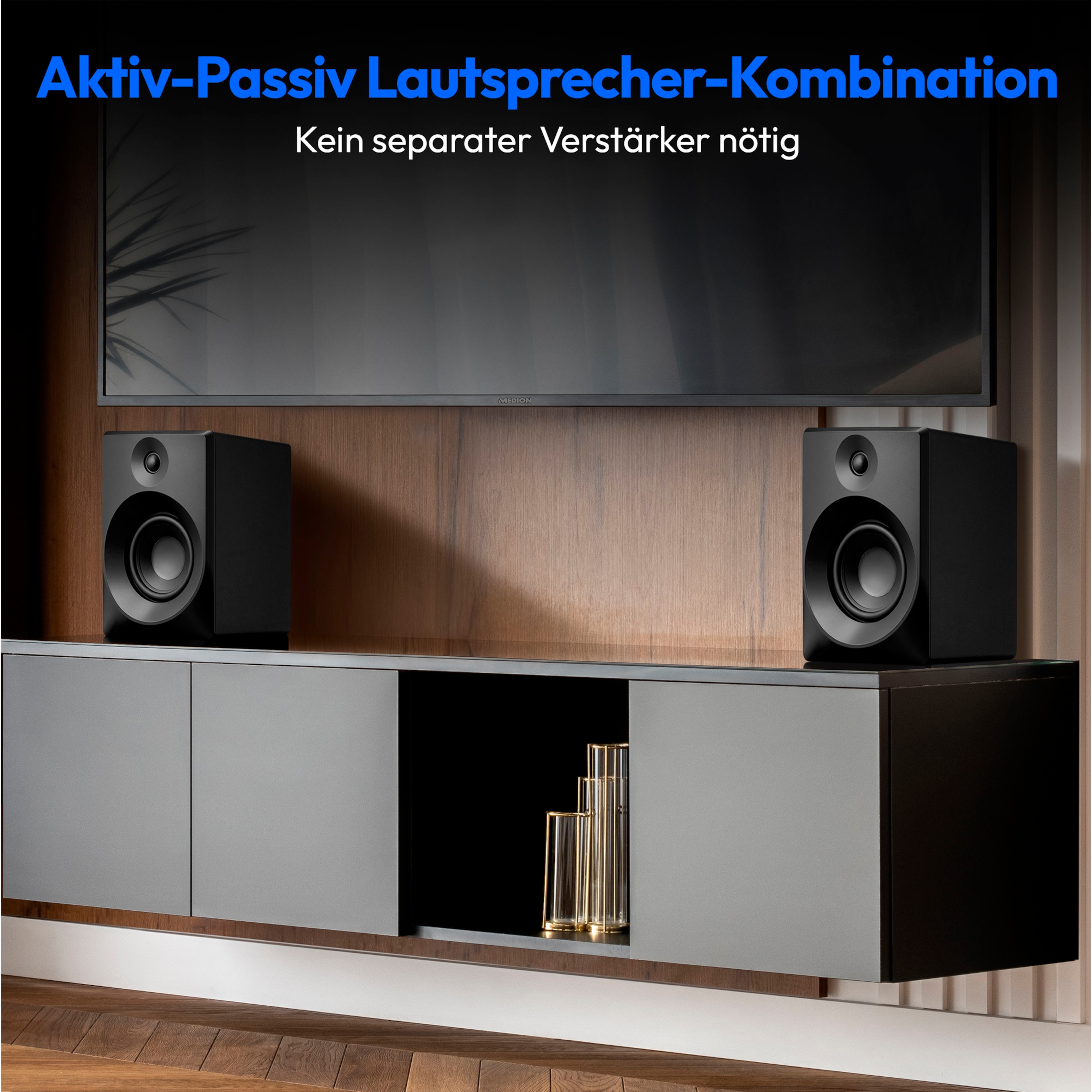 MEDION® LIFE® P61925 Regallautsprecher, aktiver & passiver Lautsprecher, 2-Wege-System, Bluetooth® 5.0, Stereo-Sound mit integriertem Hochtöner und Subwoofer, 2 x 50 W RMS
