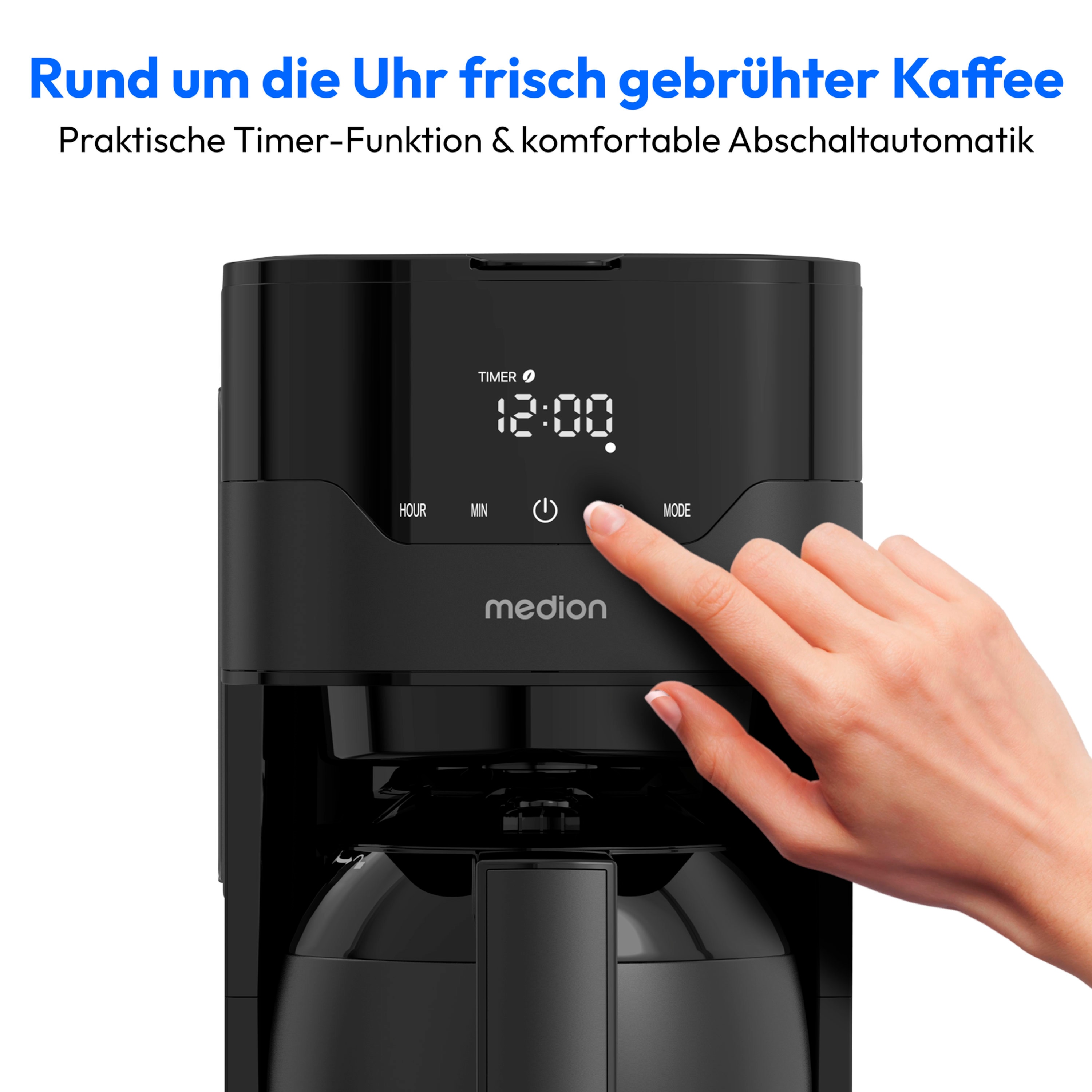 MEDION® LIFE® Kaffeemaschine mit Thermoskanne MD 18458, Timer-Funktion, Tropf-Stopp, 900 Watt, 1,1 Liter Fassungsvermögen, Aromawahlschalter