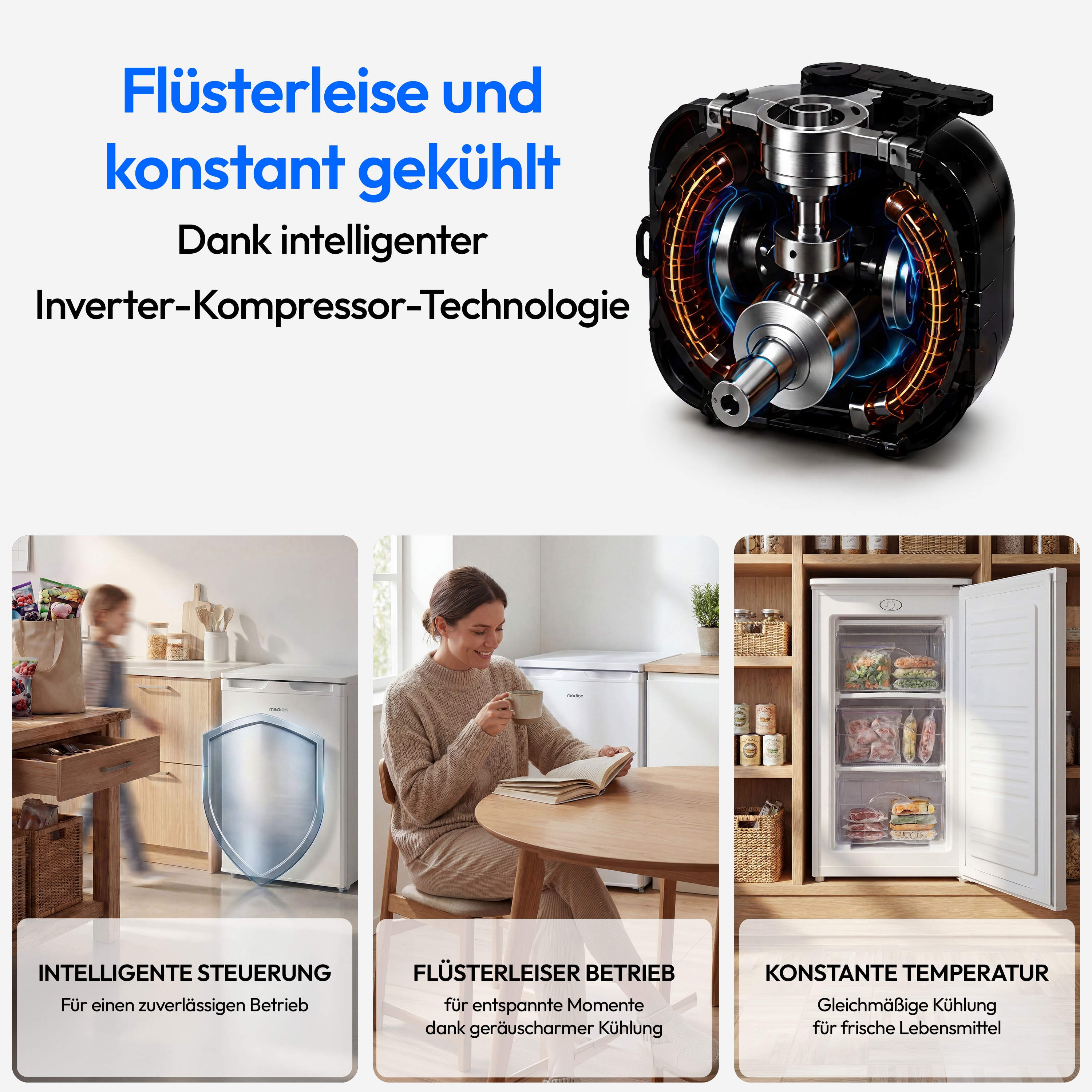 MEDION® LIFE Gefrierschrank MD 370031 Weiss, 64 l Volumen, stufenlose Temperatureinstellung, wechselbarer Türanschlag, 3 Schubladen