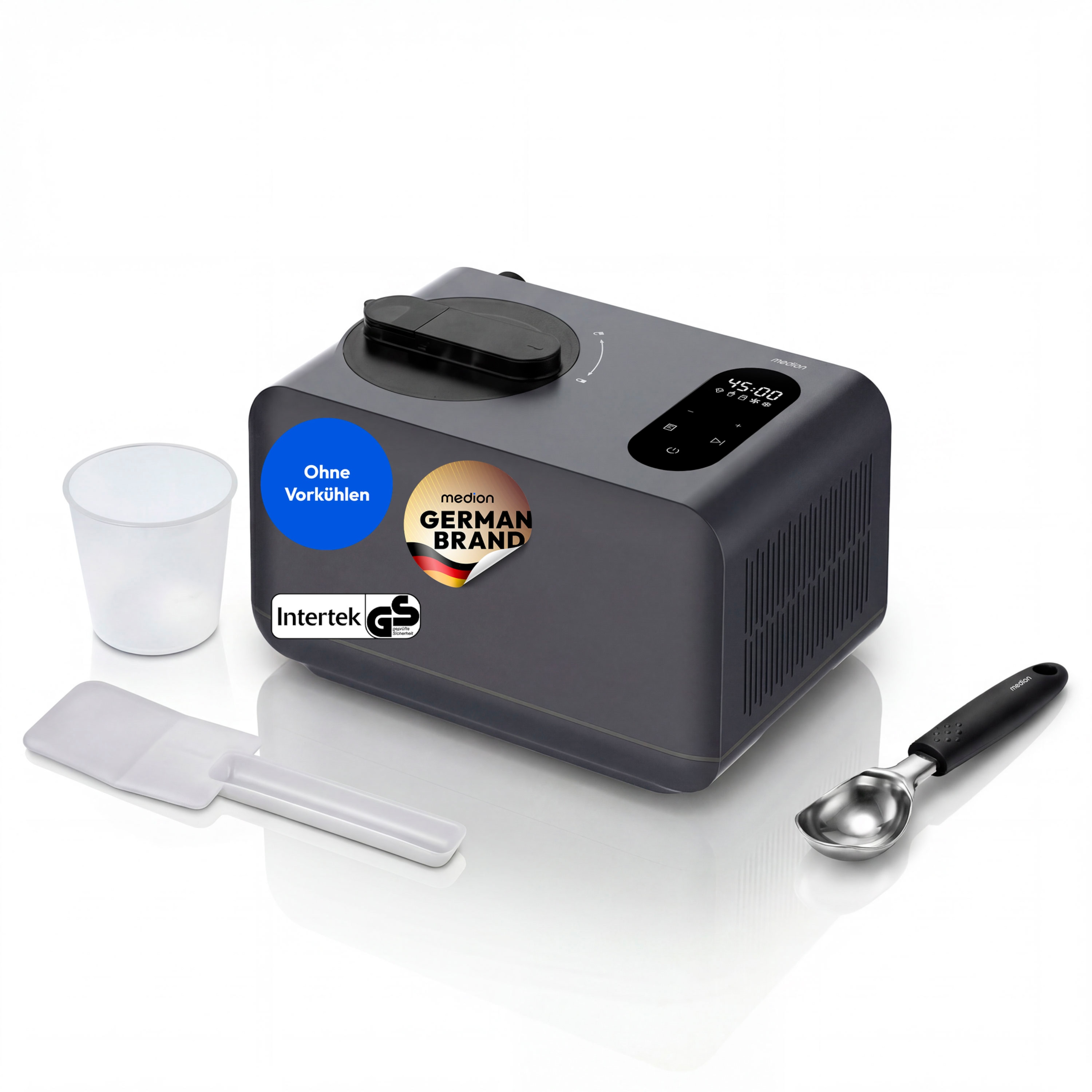 MEDION Eismaschine MD 100087, Kapazität für 1,5 L Eis, kein Vorkühlen notwendig, LED-Display mit Sensor-Touch, mit Programmen für Eiscreme, Slush und