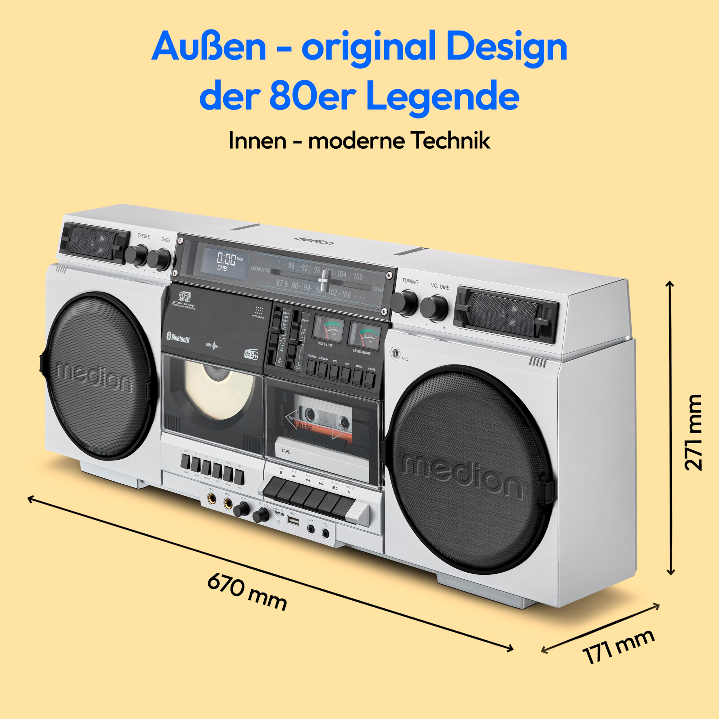 MEDION® LIFE® P66538 Retro-Boombox, DAB+/PLL-UKW Radio, Bluetooth® 5.3 für das Abspielen von Smartphone & Co, CD-Player, Kassettendeck, X-Bass Funktion, 2 x 10 W RMS