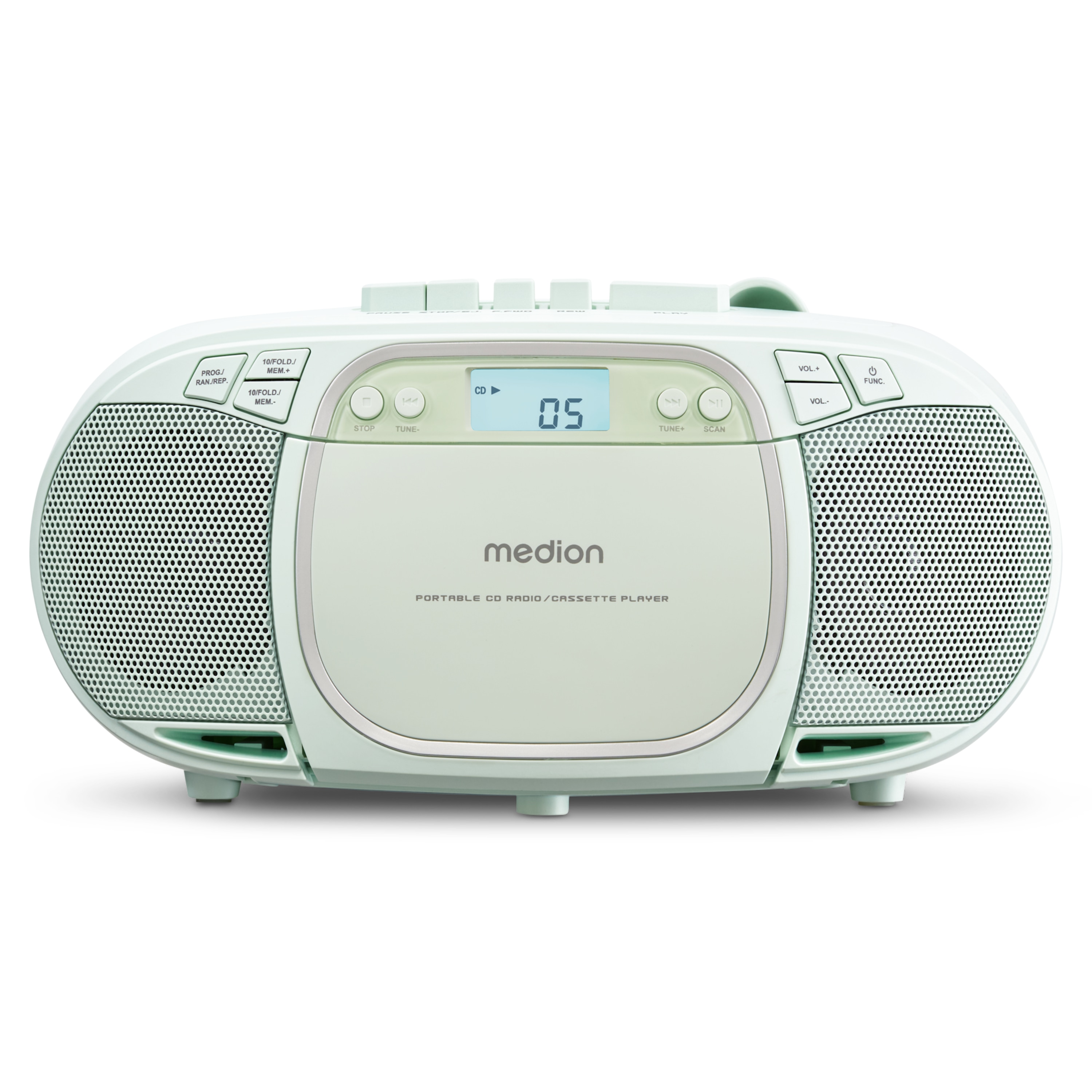 MEDION® LIFE® E66476 CD-/MP3-/Kassettenspieler grün, LCD-Display mit Hintergrundbeleuchtung, PLL-UKW Stereo, Musikwiedergabe vom USB-Stick, 2 x 2 W RMS