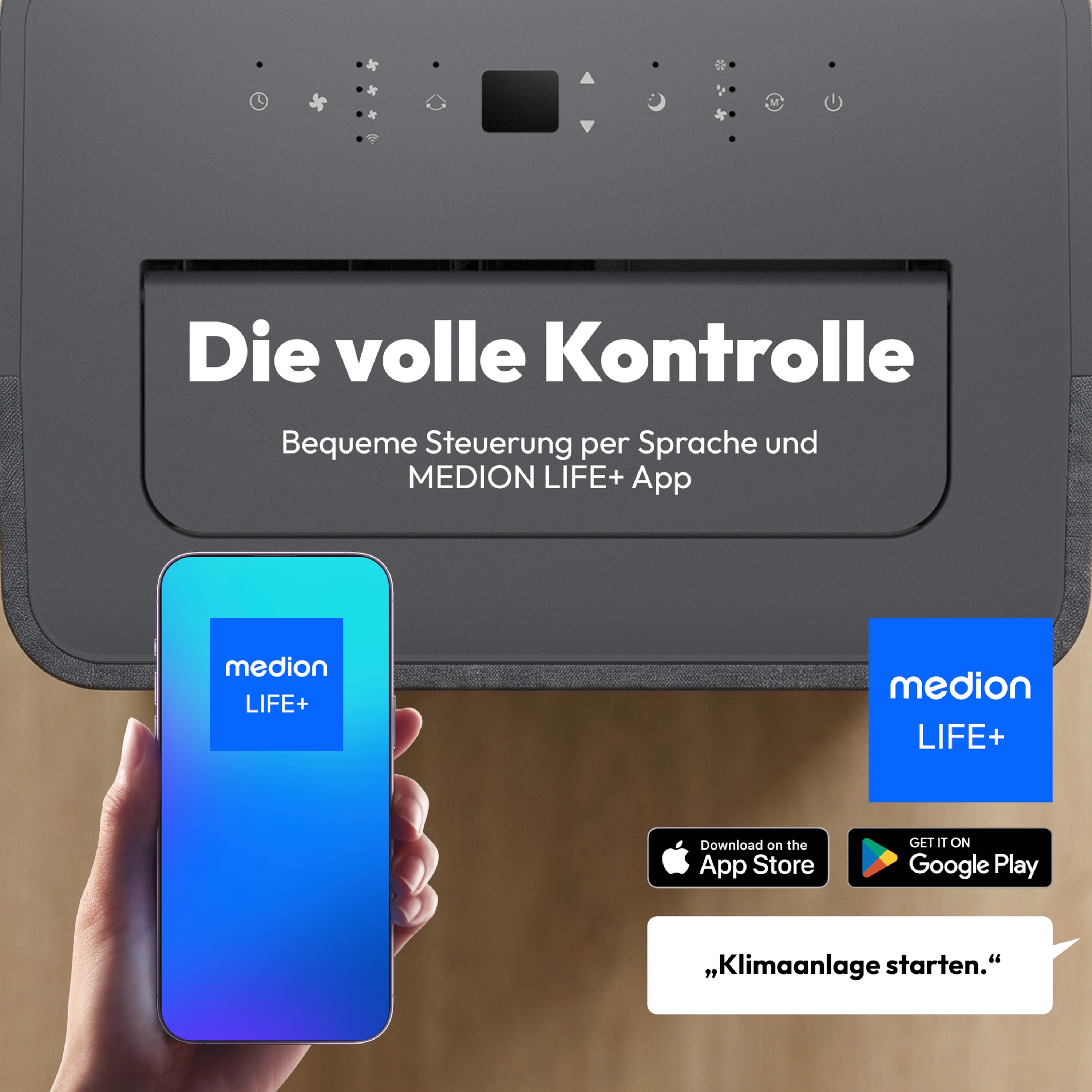 MEDION® LIFE® P1402 Klimaanlage (MD 100139), Kühlen, Entfeuchten und Ventilieren, 14.000 BTU Kühlleistung, Kältemittel R290, für Räume bis 50 m², App- und Sprachsteuerung, Auto-Swing-Funktion, inkl. Fenster-Kit