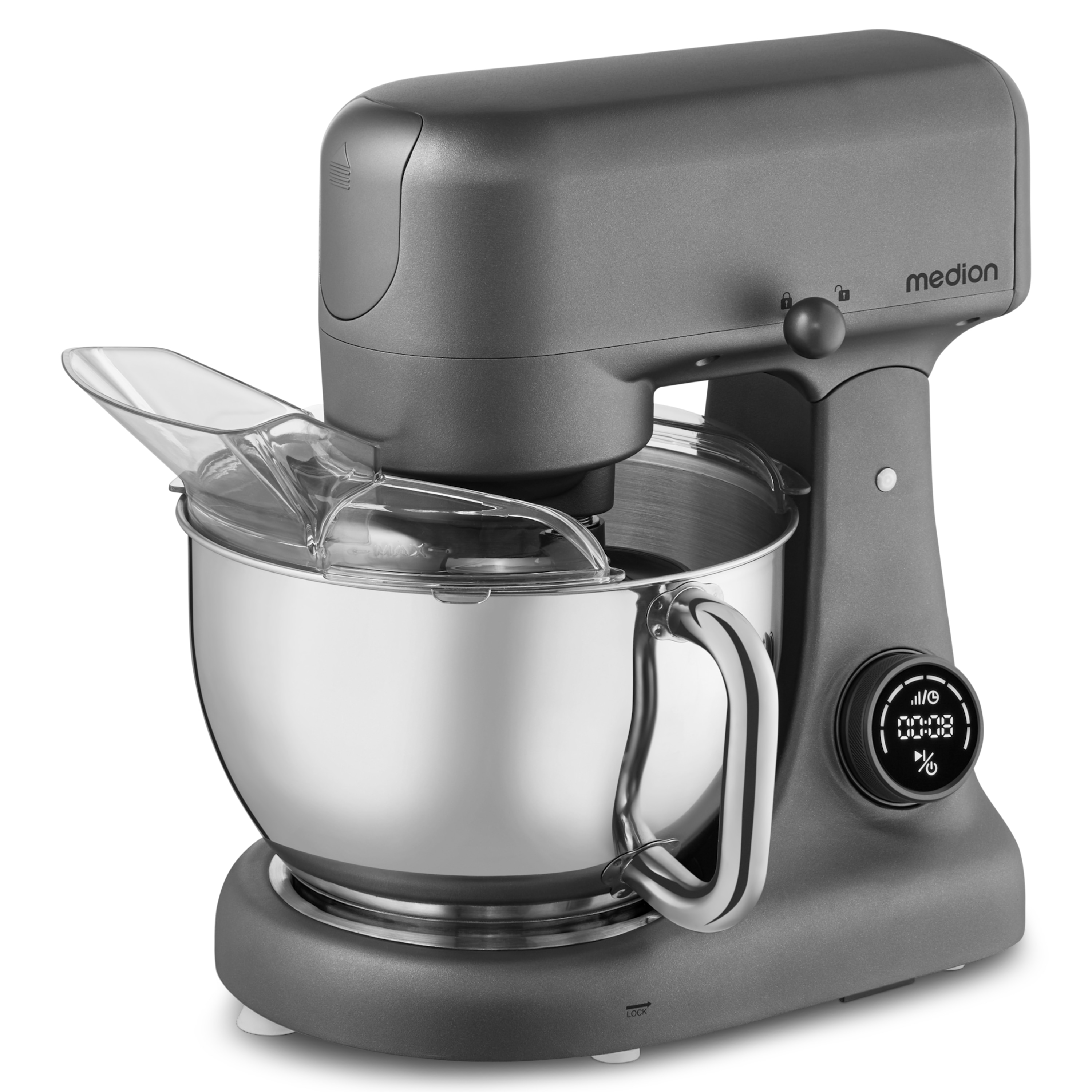 MEDION® LIFE Digitale Küchenmaschine MD12600, 800 W Gleichstrommotor, Energiesparend, Ultraleise, Digitales Sensor-Touch-Display, 4,6 L Edelstahlschüssel, Inkl. Fleischwolf