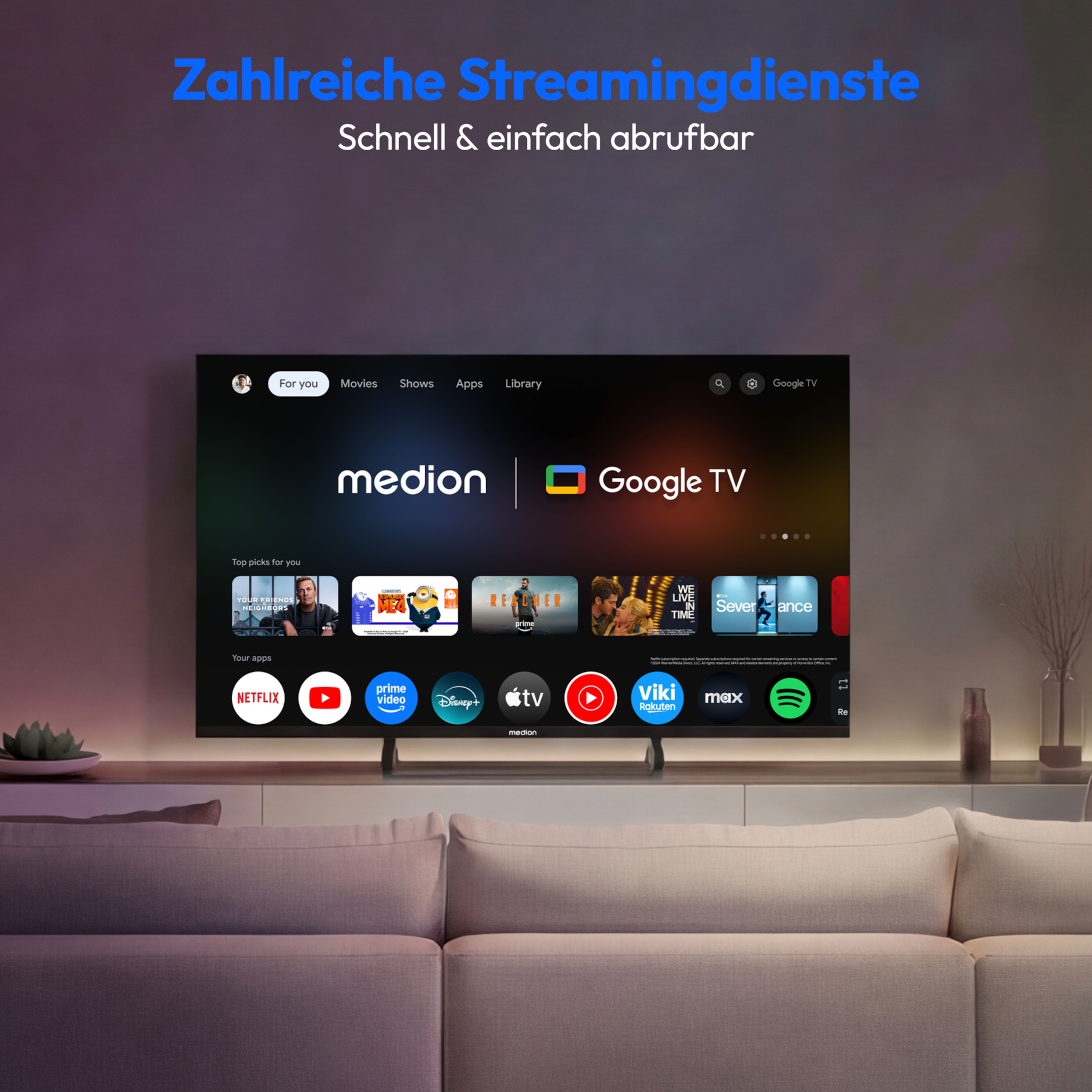 MEDION® LIFE MD 855401 Google TV™ (2026), 138,8 cm (55'') Ultra HD Display, HDR (High Dynamic Range), Dolby Vision®, MEMC, Bluetooth®, PVR ready, Netflix, Prime Video, Disney+, App Store