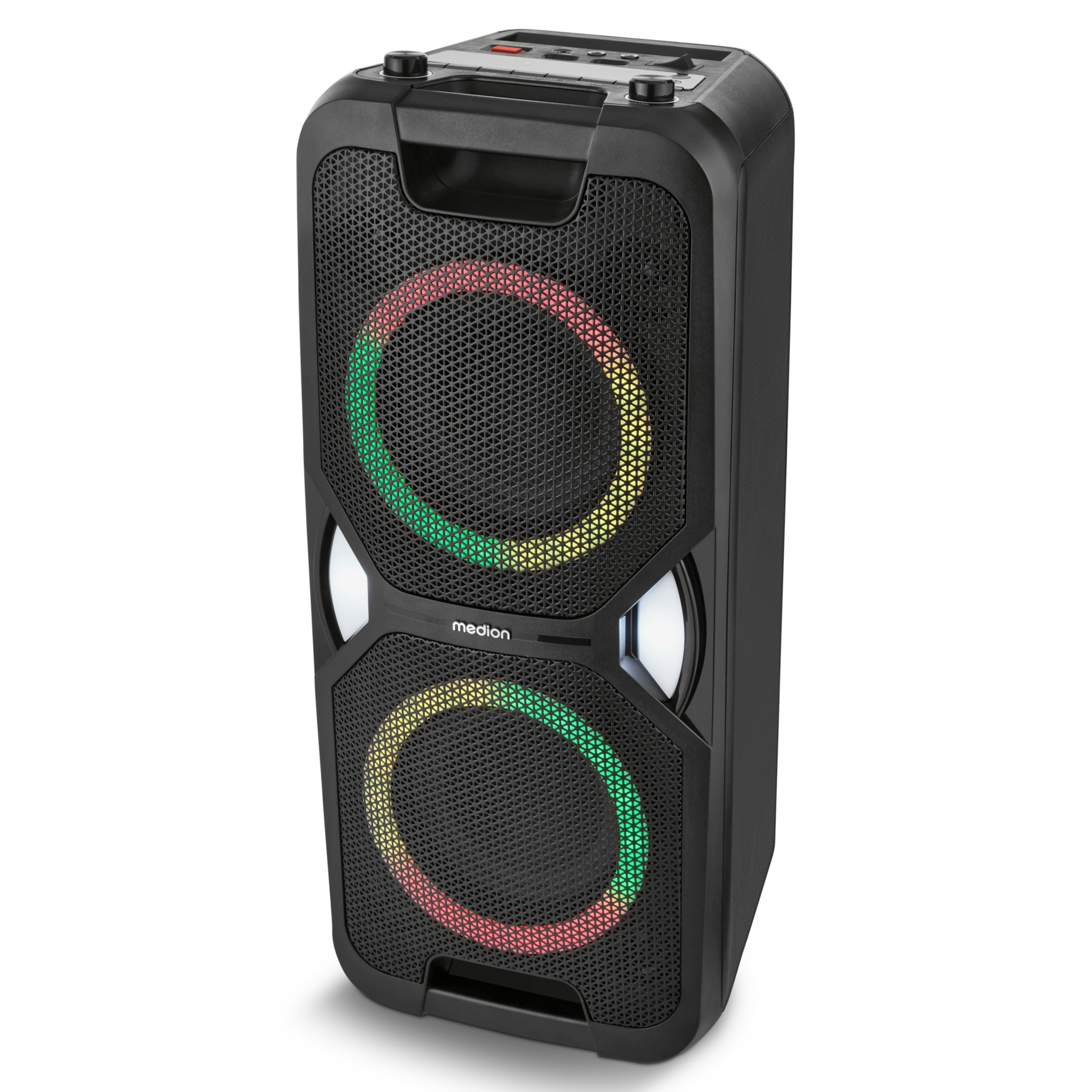 MEDION® LIFE® PE-1 Pure Partylautsprecher, PLL-UKW Radio, Bluetooth® 5.4, satter Sound, verschiedene Lichteffekte, X-Bass Bassanhebung, inkl. Mikrofon, 2 x 25 W RMS Ausgangsleistung
