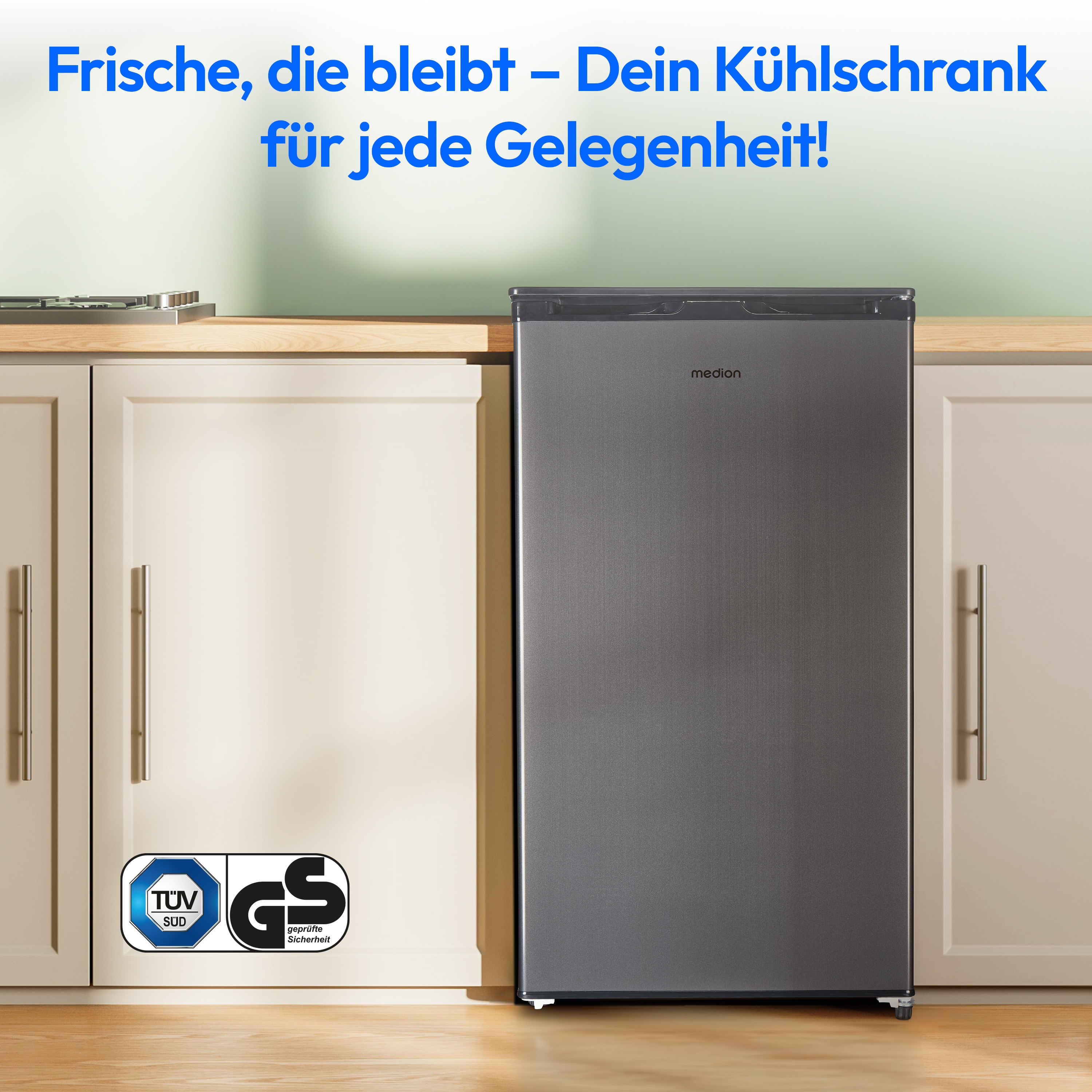 MEDION® LIFE® Kühlschrank mit Eiswürfelfach MD 37690, 90 L Gesamt-Nutzinhalt (Kühlteil 80 L & Eiswürfelfach 10 L), wechselbarer Türanschlag, geringer Geräuschpegel