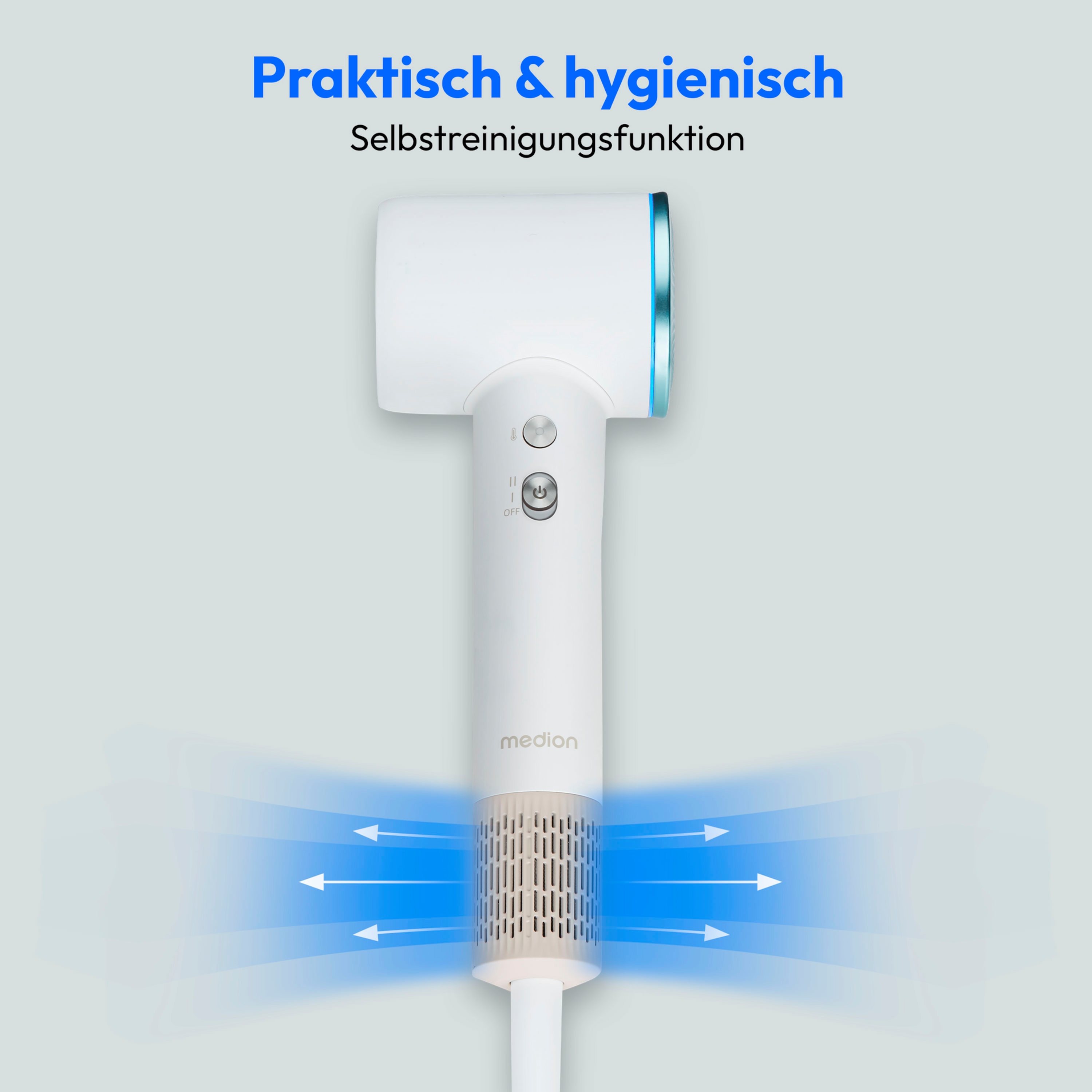 MEDION® LIFE HD1 Haartrockner mit Ionen-Technologie, 1.600 Watt, Selbstreinigungsfunktion, Magnetische Aufsätze: Stylingdüse und Diffusor, 3 Temperatur- und 2 Luftstromstufen