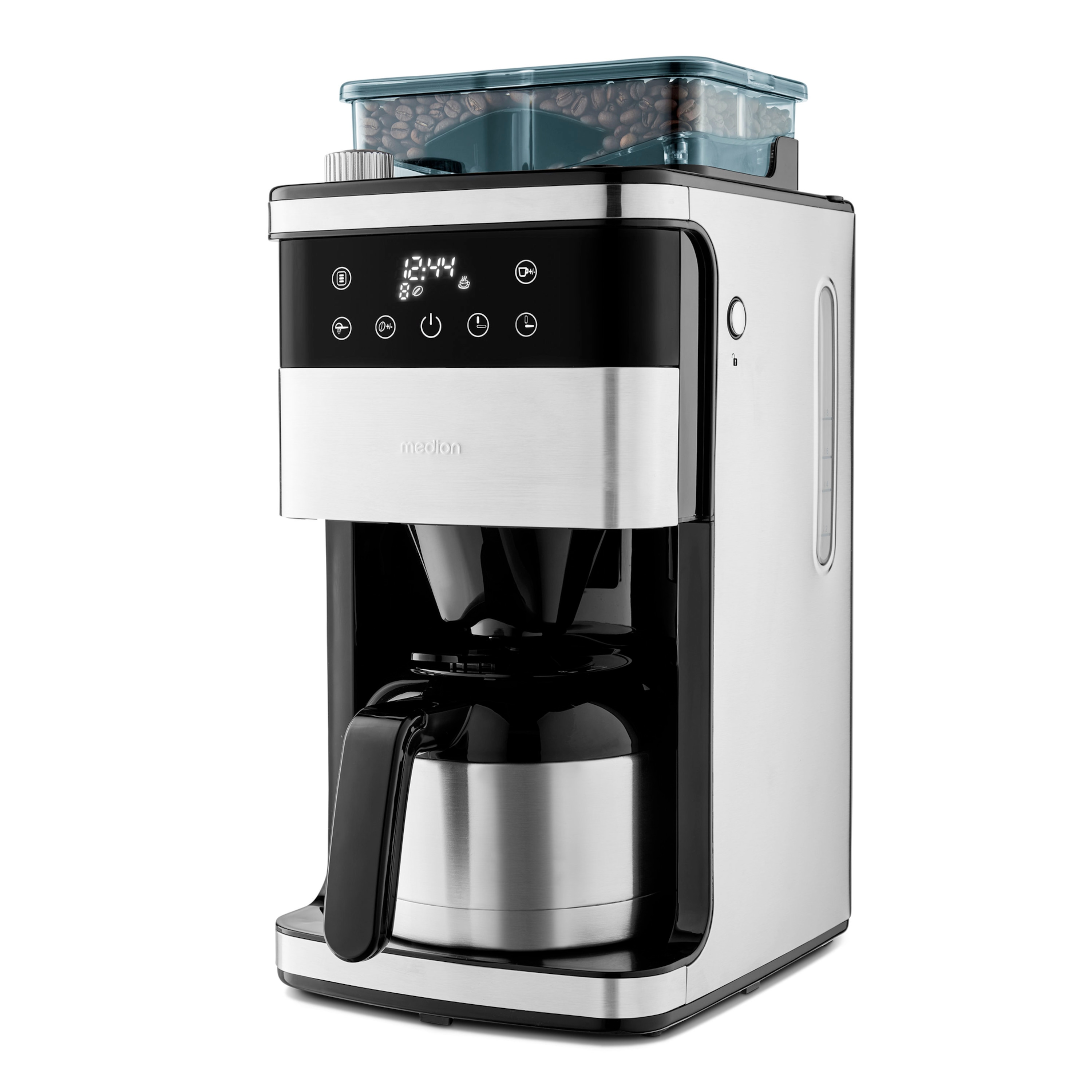 MEDION Kaffeemaschine mit Mahlwerk MD 19911, 8 Mahlstufen, 1 Liter Wassertank, Thermoskanne, Timer-Funktion, 800 - 1000 Watt