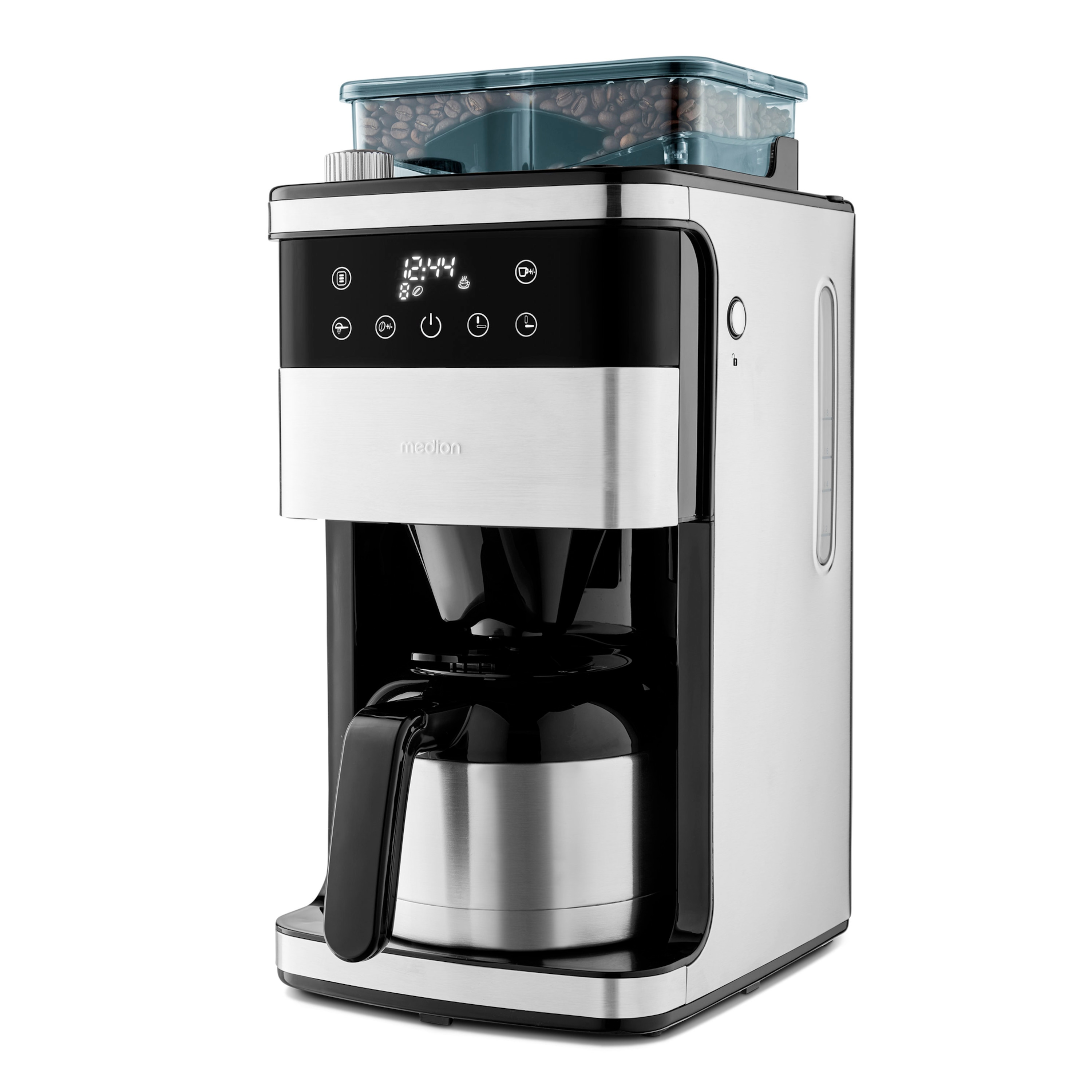 MEDION® Kaffeemaschine mit Mahlwerk MD 19911, 8 Mahlstufen, 1 Liter Wassertank, Thermoskanne, Timer-Funktion, 800 - 1000 Watt