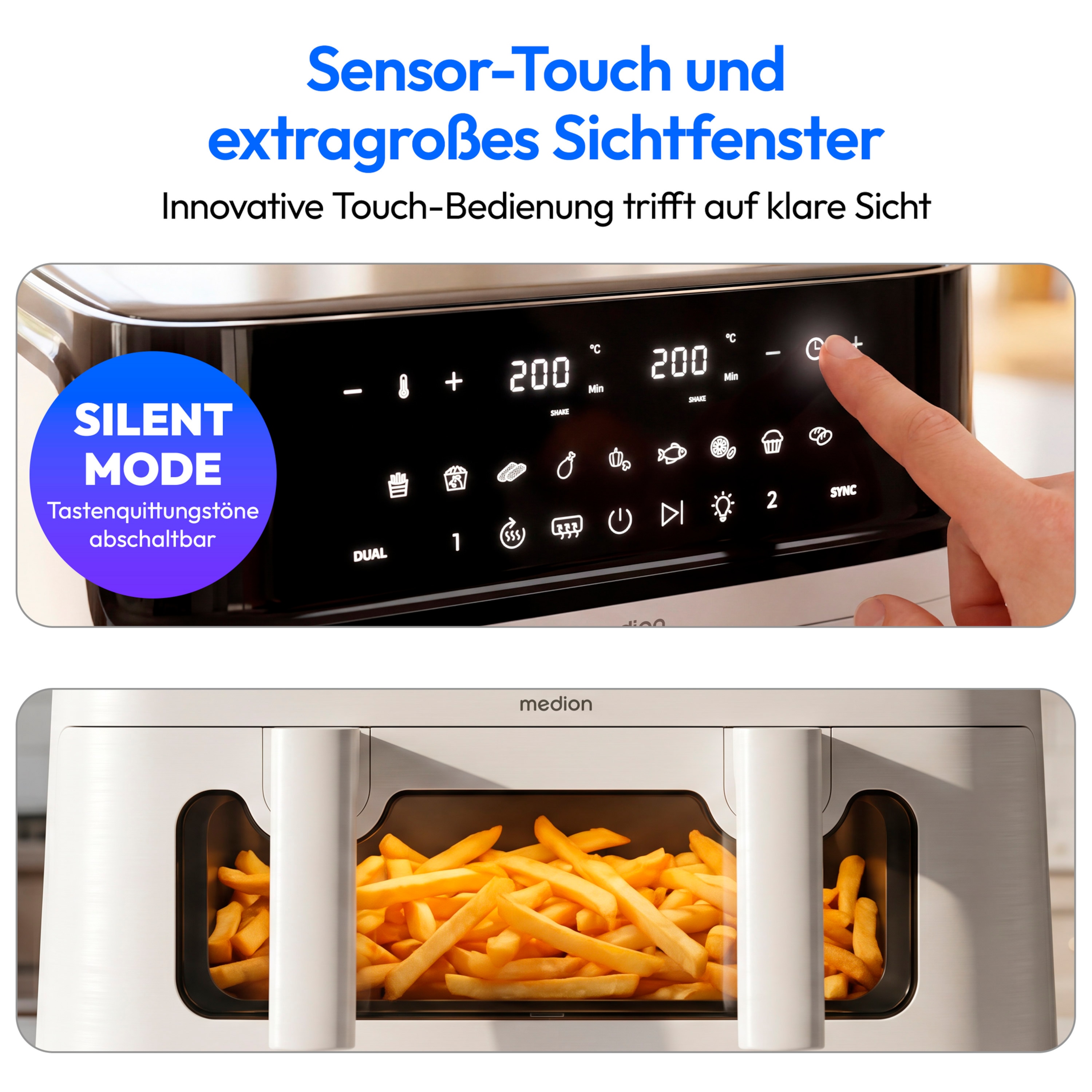 MEDION® LIFE® P25 XXL Flex M Heißluftfritteuse MD100057 weiß, 100 Rezepte in der Life+ App, 2 separate Garzonen, 10 Automatikprogramme, 10,8 L Gesamt-Nutzinhalt, 3.040 Watt, Temperatur einstellbar bis 200 °C