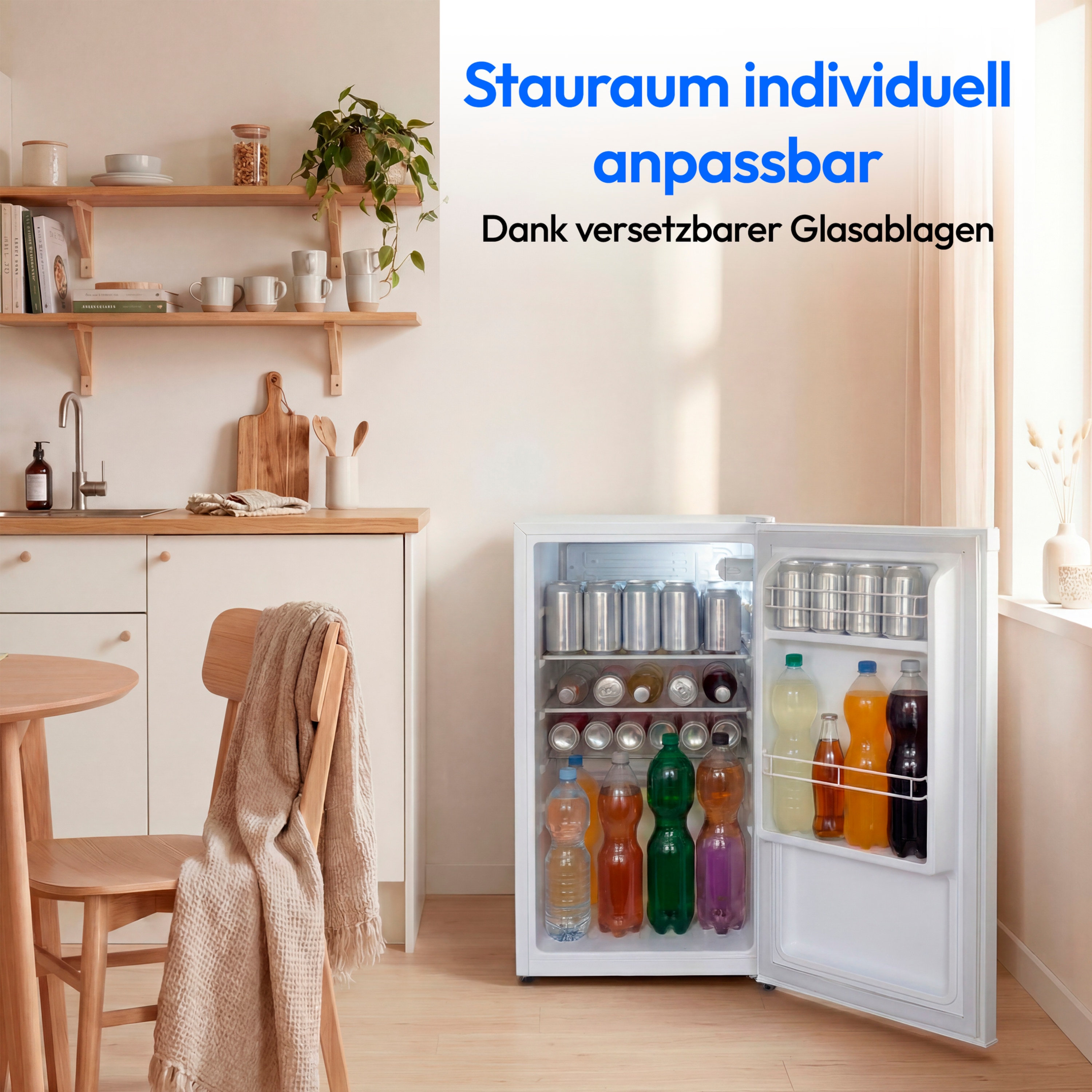 MEDION® LIFE Kühlschrank MD370009, 76 L Nutzinhalt, 3 Ablagen & 2 Türfächer, temperaturregulierbar (0–8 °C), wechselbarer Türanschlag, Energieklasse E