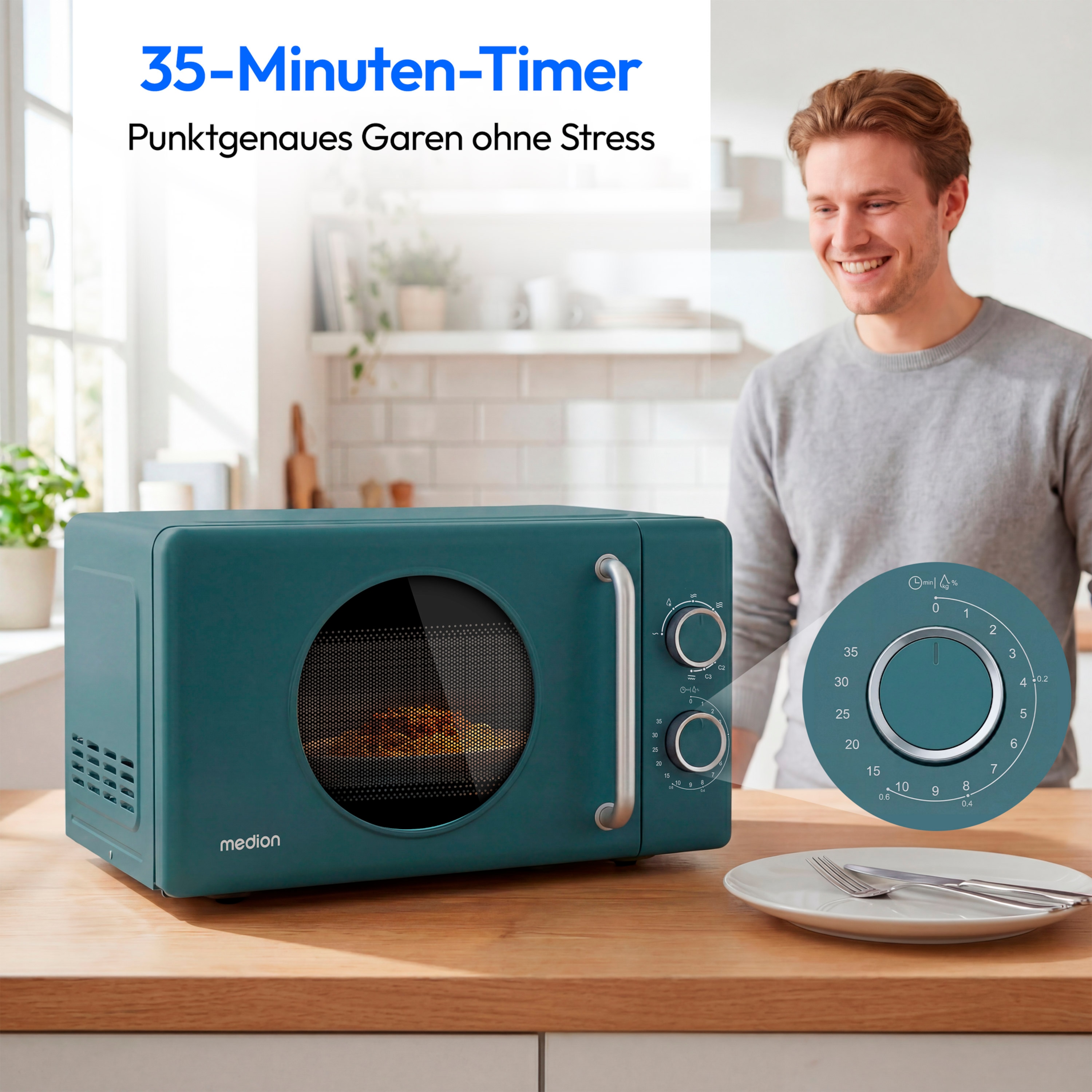 MEDION® LIFE® Retro-Mikrowelle MD 100119, 800 W Leistung, Grillfunktion, 20 L kompakt, 5 Mikrowellenstufen, Auftaufunktion, Timerfunktion, stilvolles Retro-Design
