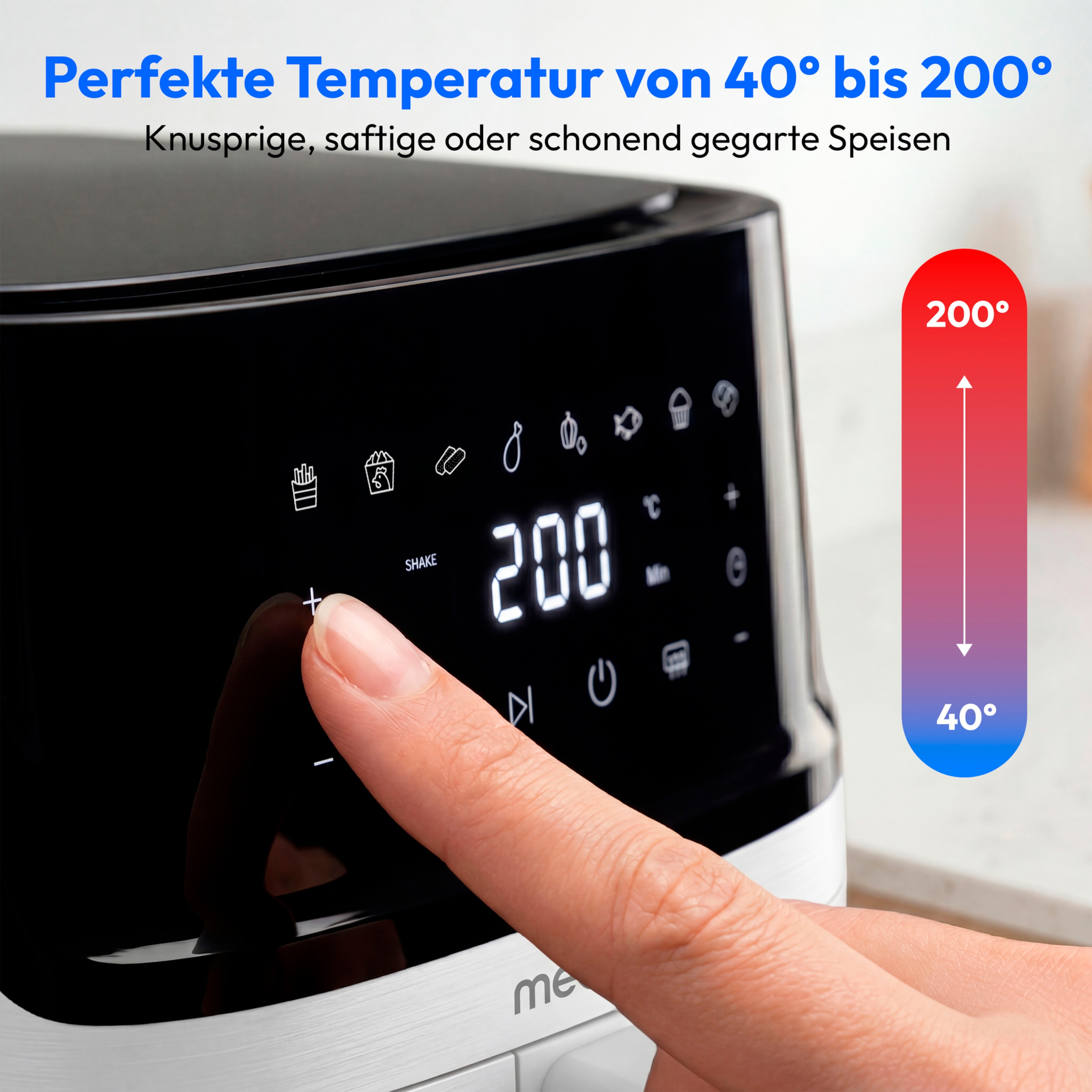 MEDION® LIFE Heißluftfritteuse MD100056, 7,2 L Gesamtvolumen, 10 Automatikprogramme, Edelstahl-Heizelement, digitales Sensor-Touch-Display, Temperatur 40–200 °C, ILAG SP-800 Beschichtung