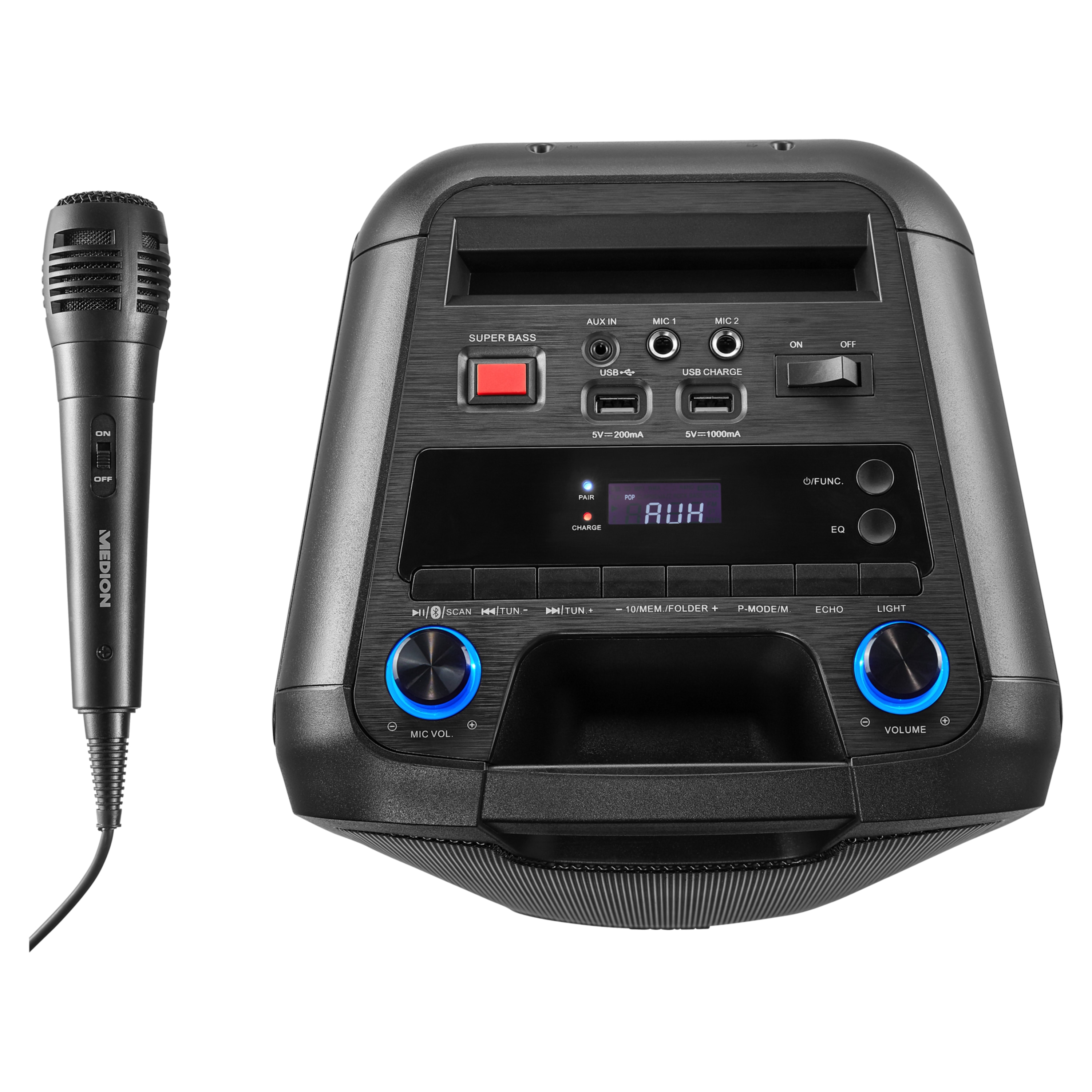 MEDION® LIFE® P67038 Partylautsprecher, PLL-UKW Radio, Bluetooth® 5.0, satter Sound, verschiedene Lichteffekte, X-Bass Bassanhebung, inkl. Mikrofon, 2 x 22 W RMS Ausgangsleistung