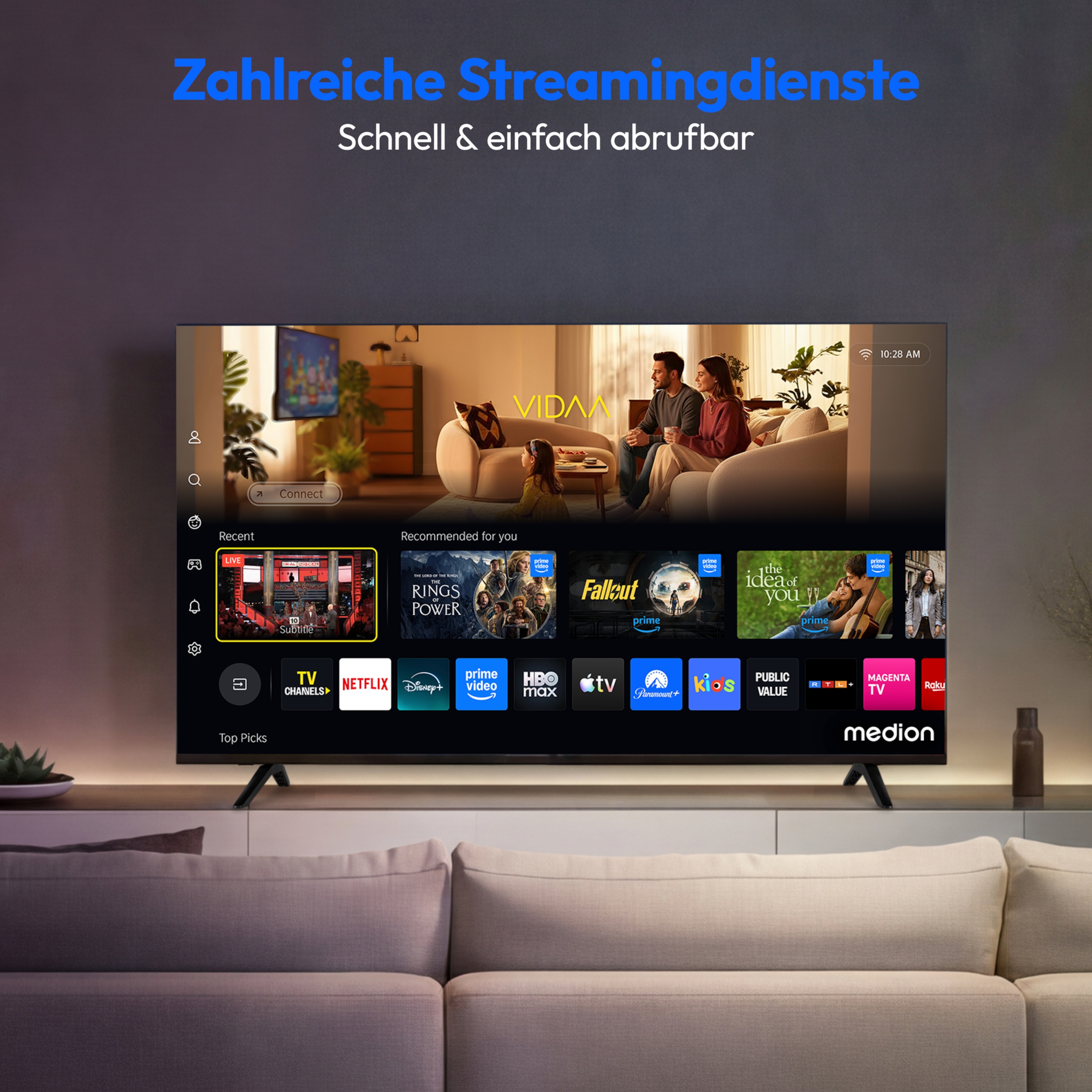 MEDION® LIFE MD 850201 Ultra HD Smart-TV (2026), 125,7 cm (50'') Ultra HD Display, HDR, PVR ready, HBO Max, MagentaTV, NETFLIX, Prime Video, Disney+, DAZN, Paramount+ App, VIDAA App Store, Bluetooth®, HD Triple Tuner, CI+ Schnittstelle
