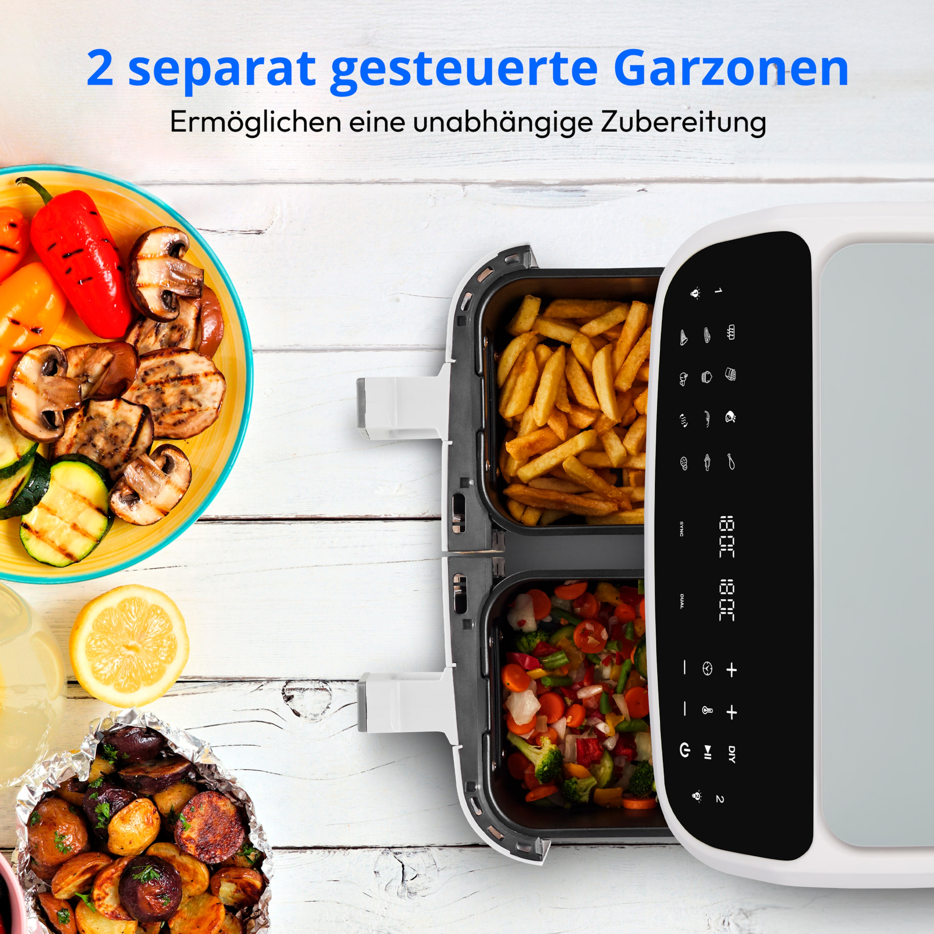 MEDION® LIFE® P20 XXL Twin Matt Doppelzonen-Heißluftfritteuse MD11760, 100 Rezepte in der Life+ App, 2 separate Garzonen, 9 Automatikprogramme, 8,7 L Gesamt-Nutzinhalt, 2.600 Watt, Temperatur einstellbar bis 200 °C